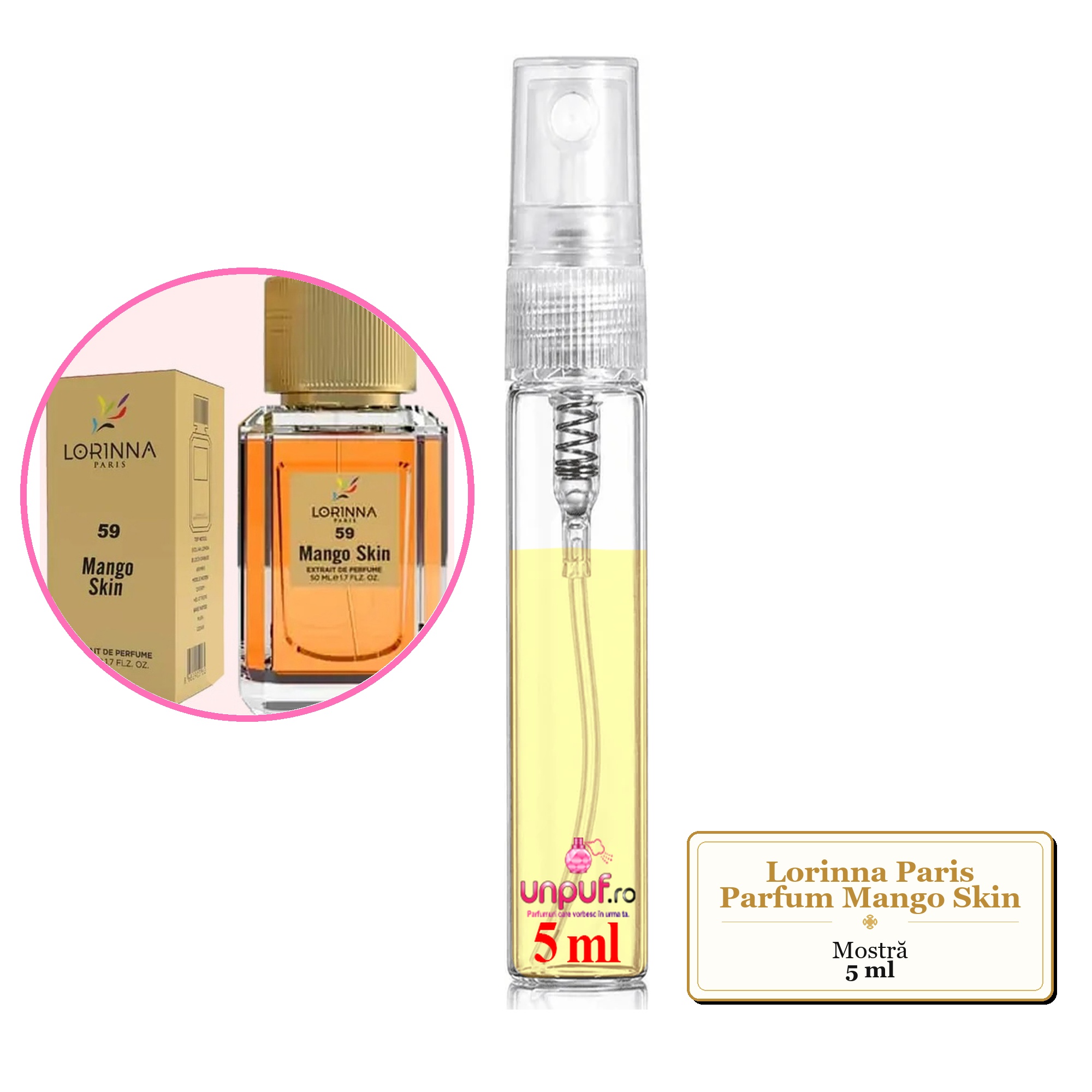 Mostra fiola din Parfumul Lorinna Paris Mango Skin, decant sticla cu pulverizator