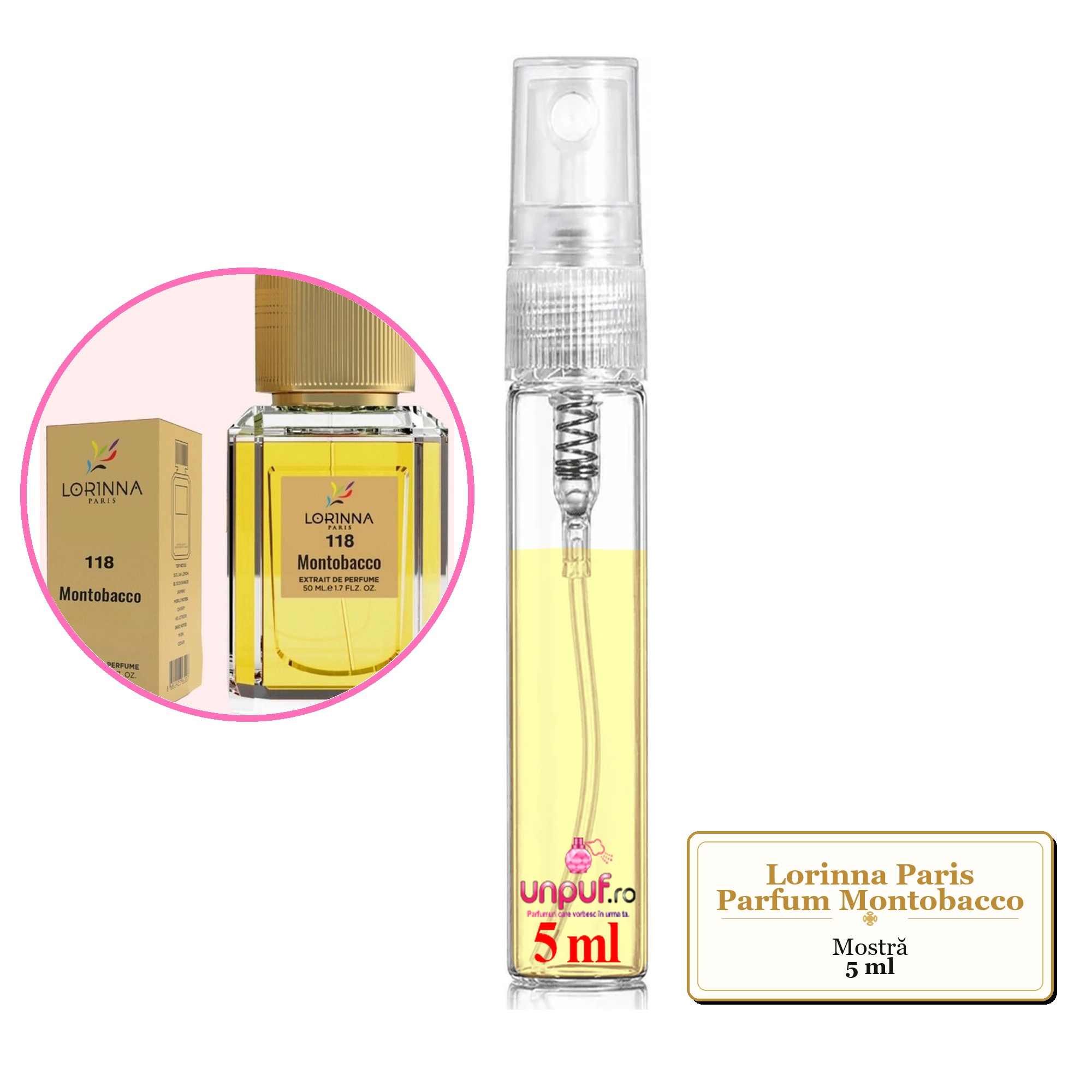 Mostra fiola din Parfumul Lorinna Paris Montobacco, decant sticla cu pulverizator