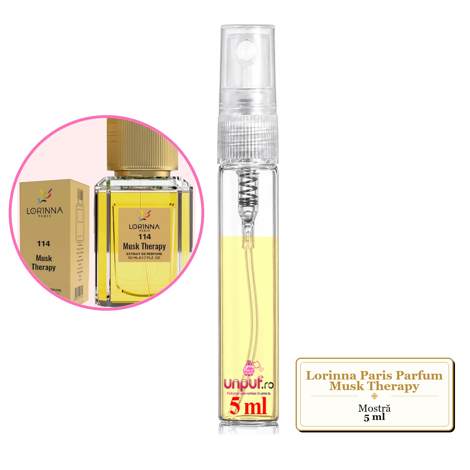 Mostra fiola din Parfumul Lorinna Paris Musk Therapy, decant sticla cu pulverizator