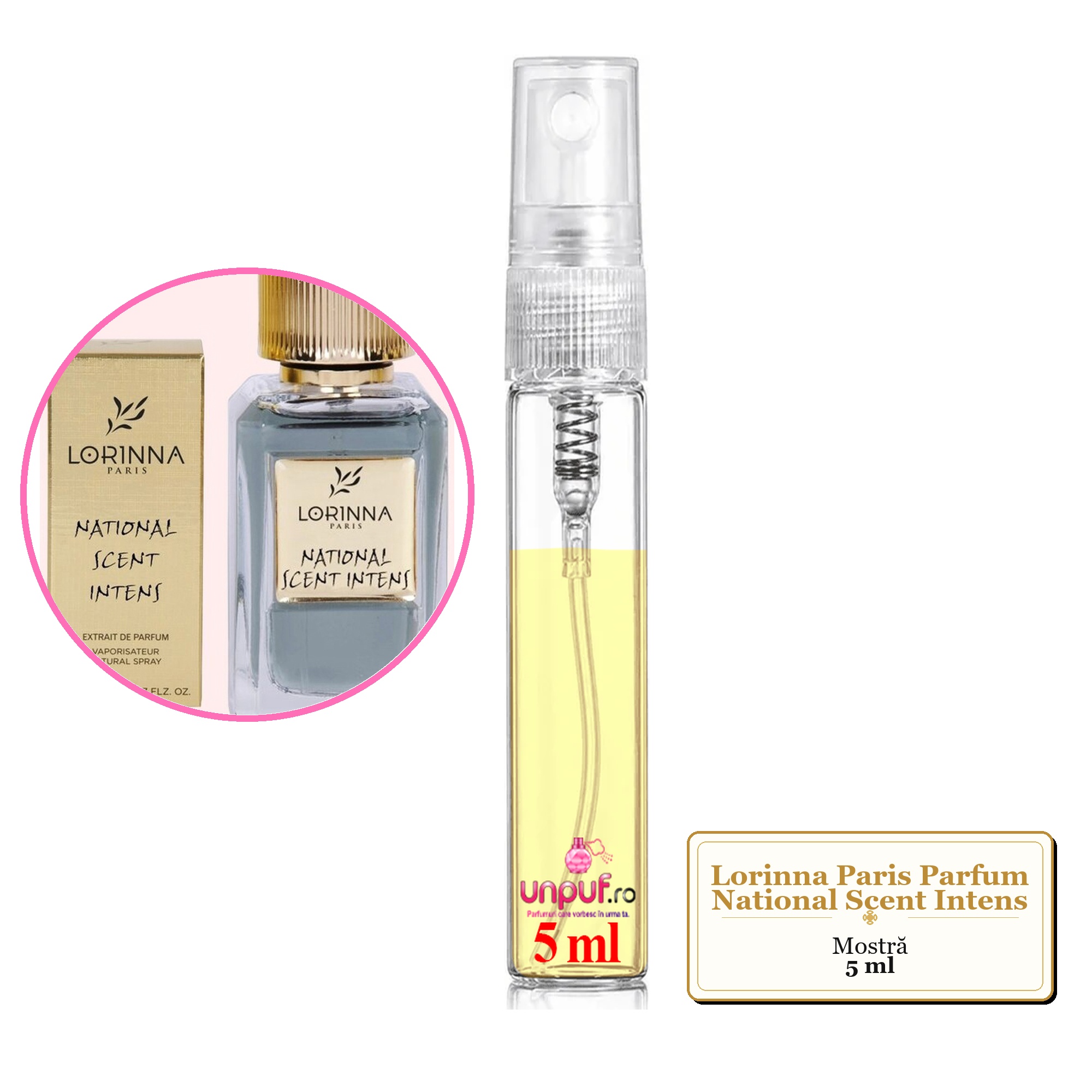 Mostra fiola din Parfumul Lorinna Paris National Scent Intens, decant sticla cu pulverizator