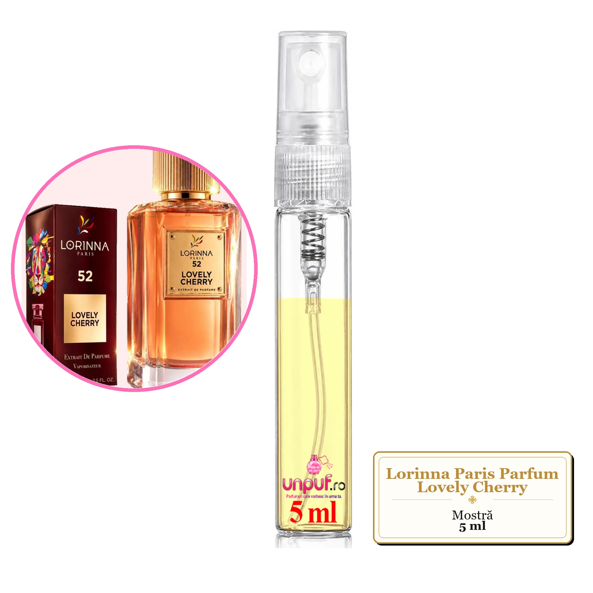 Mostra fiola din Parfumul Lorinna Paris Lovely Cherry, decant sticla cu pulverizator
