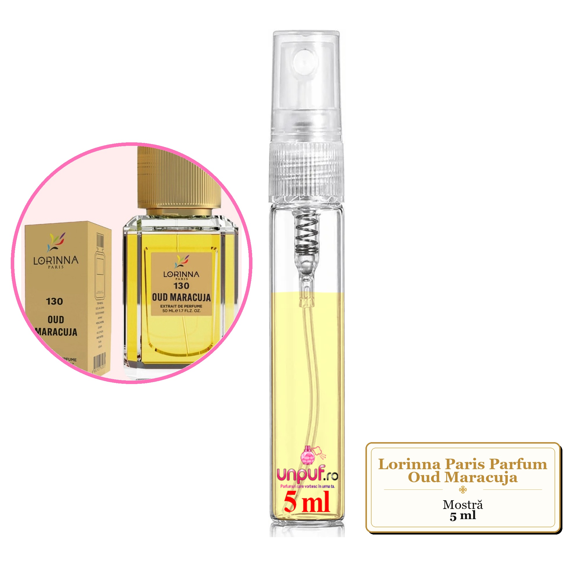 Mostra fiola din Parfumul Lorinna Paris Oud Maracuja, decant sticla cu pulverizator