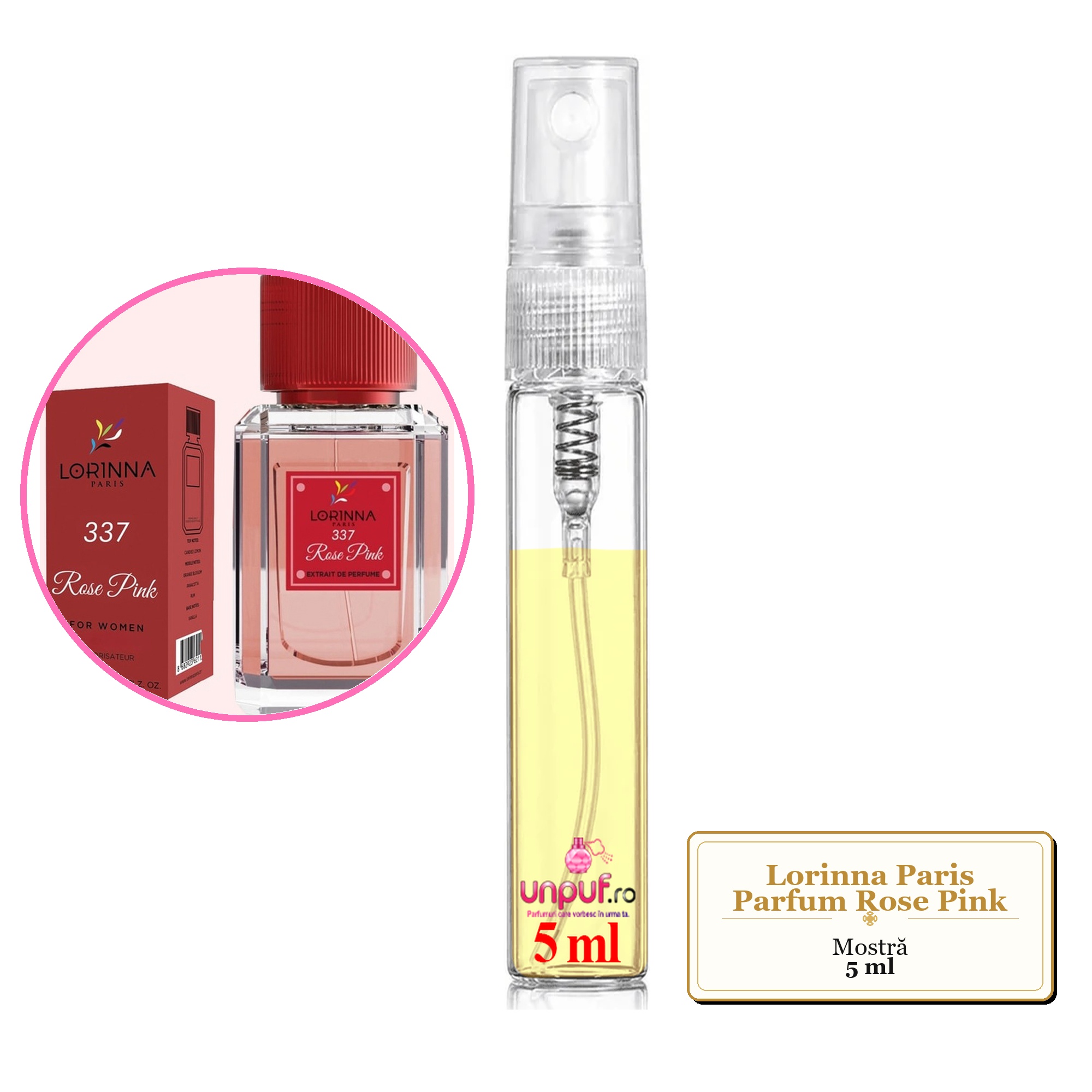 Mostra fiola din Parfumul Lorinna Paris Rose Pink, decant sticla cu pulverizator