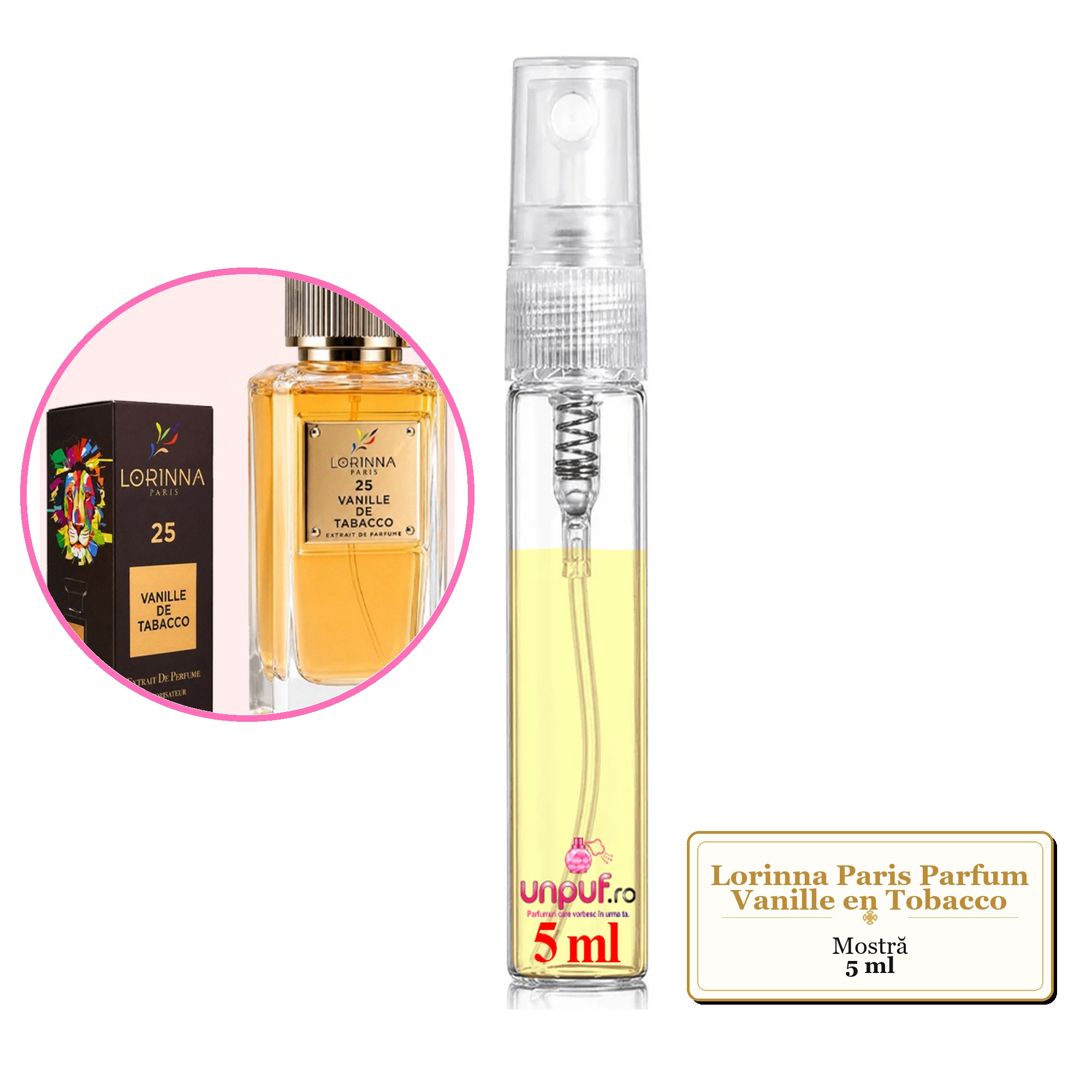 Mostra fiola din Parfumul Lorinna Paris Vanille en Tobacco, decant sticla cu pulverizator