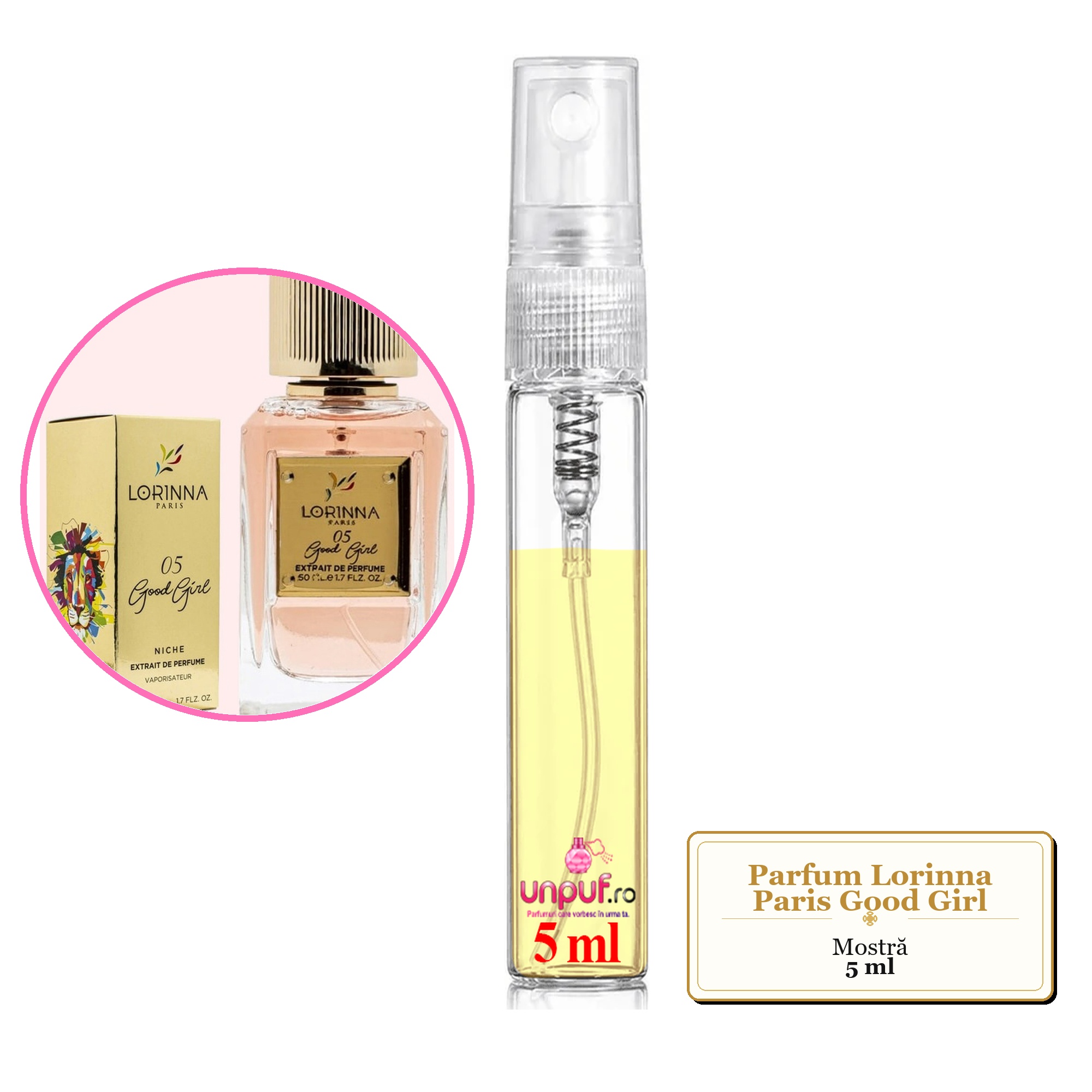 Mostra fiola din Parfumul Lorinna Paris Good Girl, decant sticla cu pulverizator