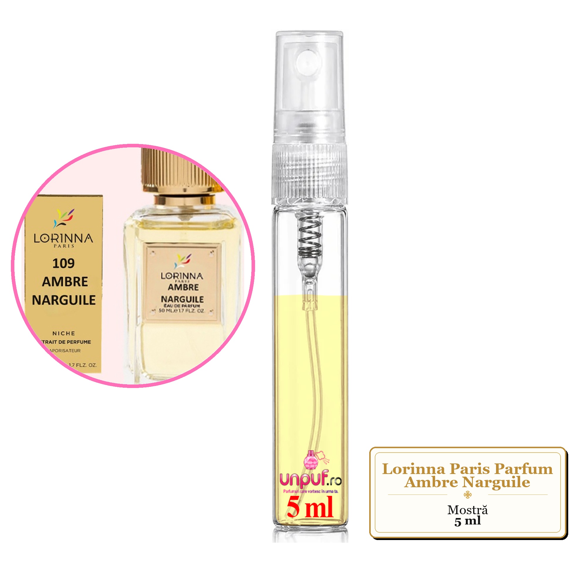 Mostra fiola din Parfumul Lorinna Paris Ambre Narguile, decant sticla cu pulverizator