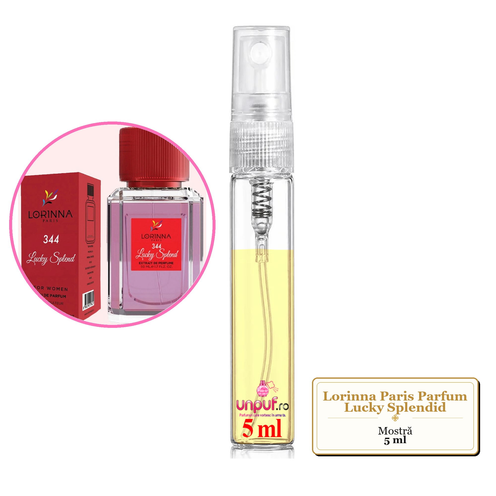 Mostra fiola din Parfumul Lorinna Paris Lucky Splendid, decant sticla cu pulverizator