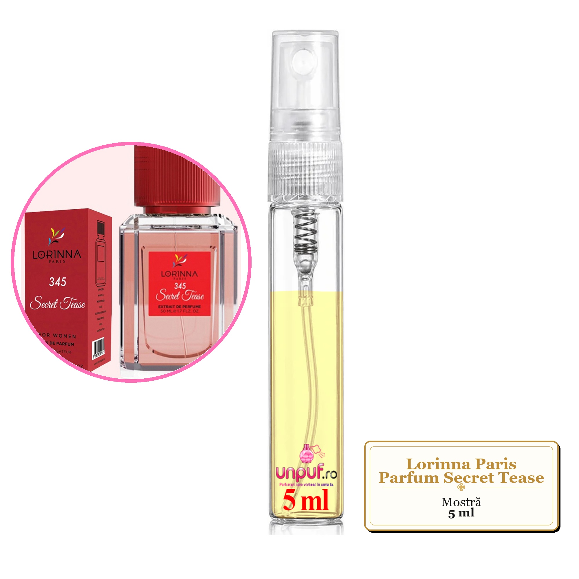 Mostra fiola din Parfumul Lorinna Paris Secret Tease, decant sticla cu pulverizator