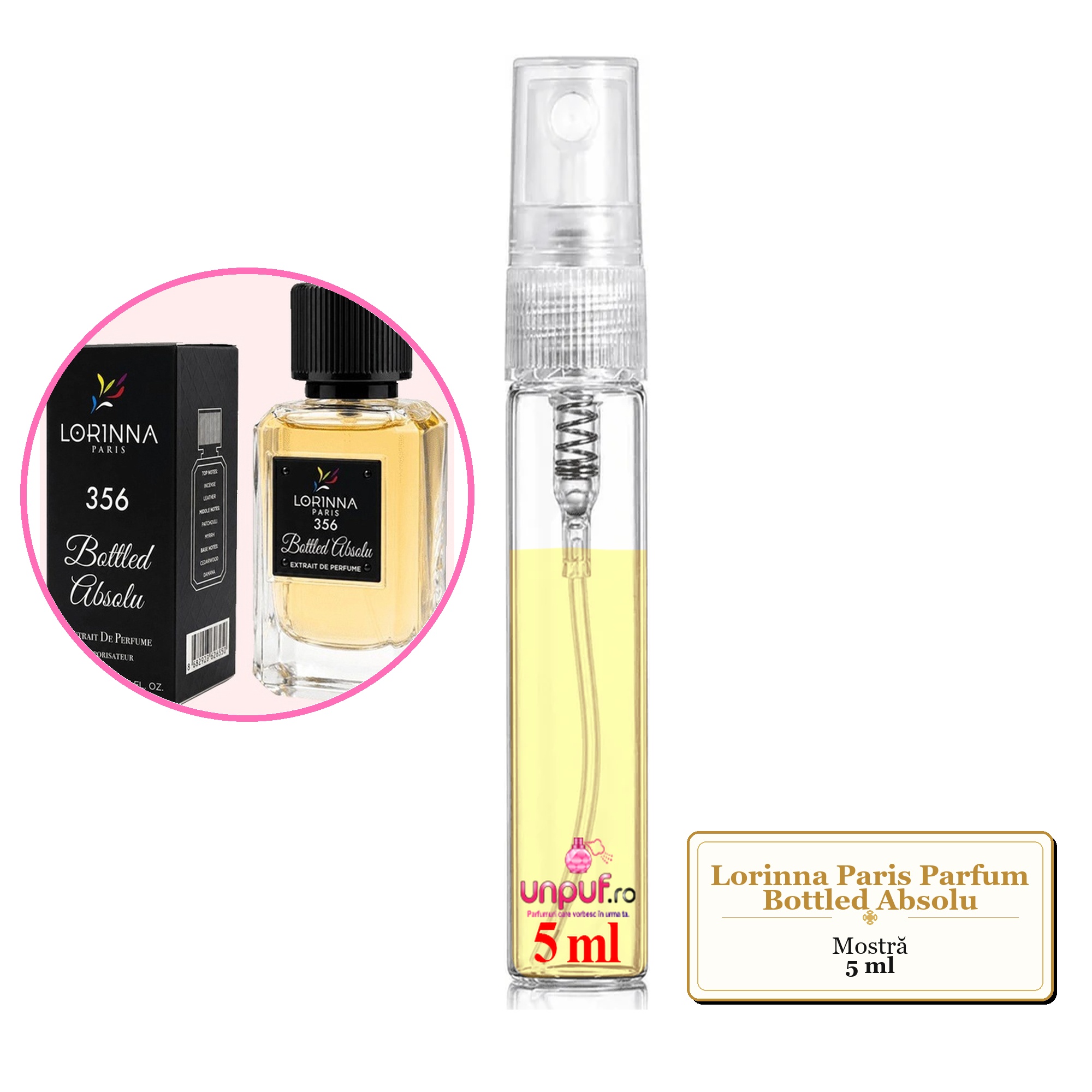Mostra fiola din Parfumul Lorinna Paris Bottled Absolu, decant sticla cu pulverizator