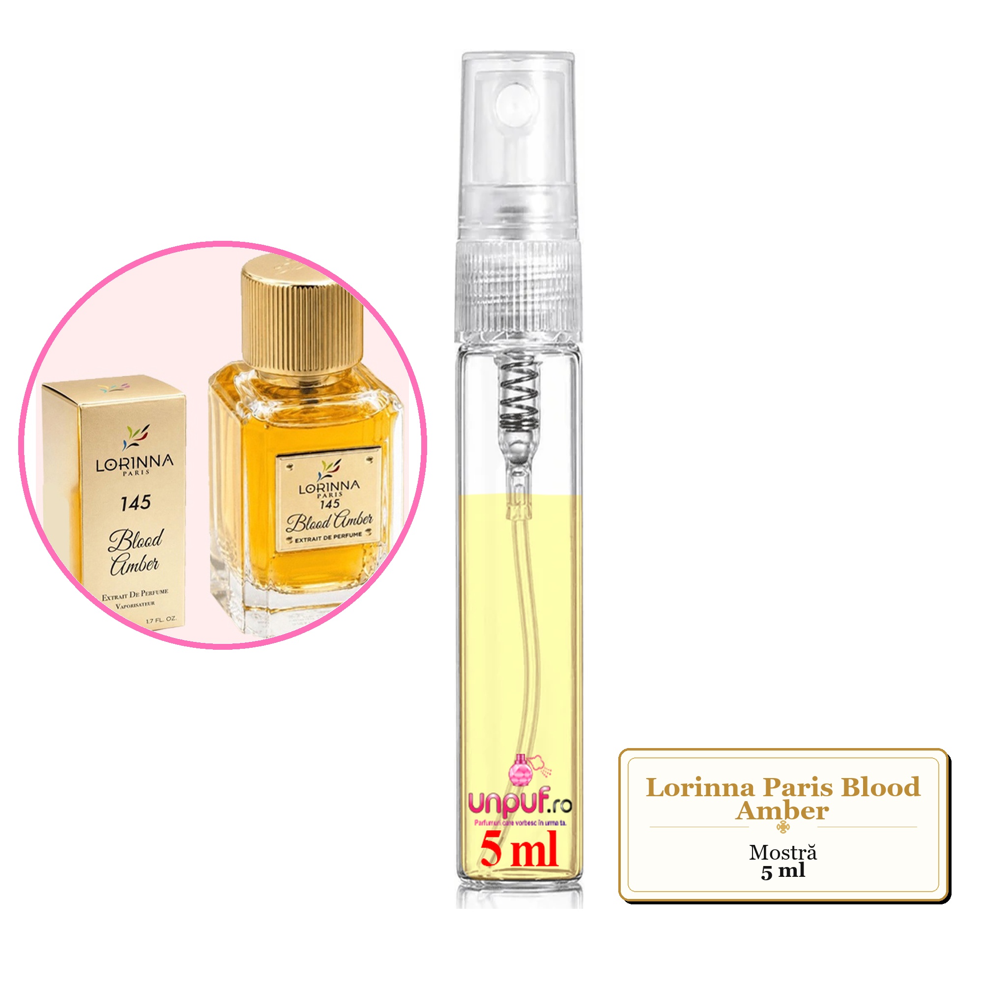Mostra fiola din Parfumul Lorinna Paris Blood Amber, decant sticla cu pulverizator