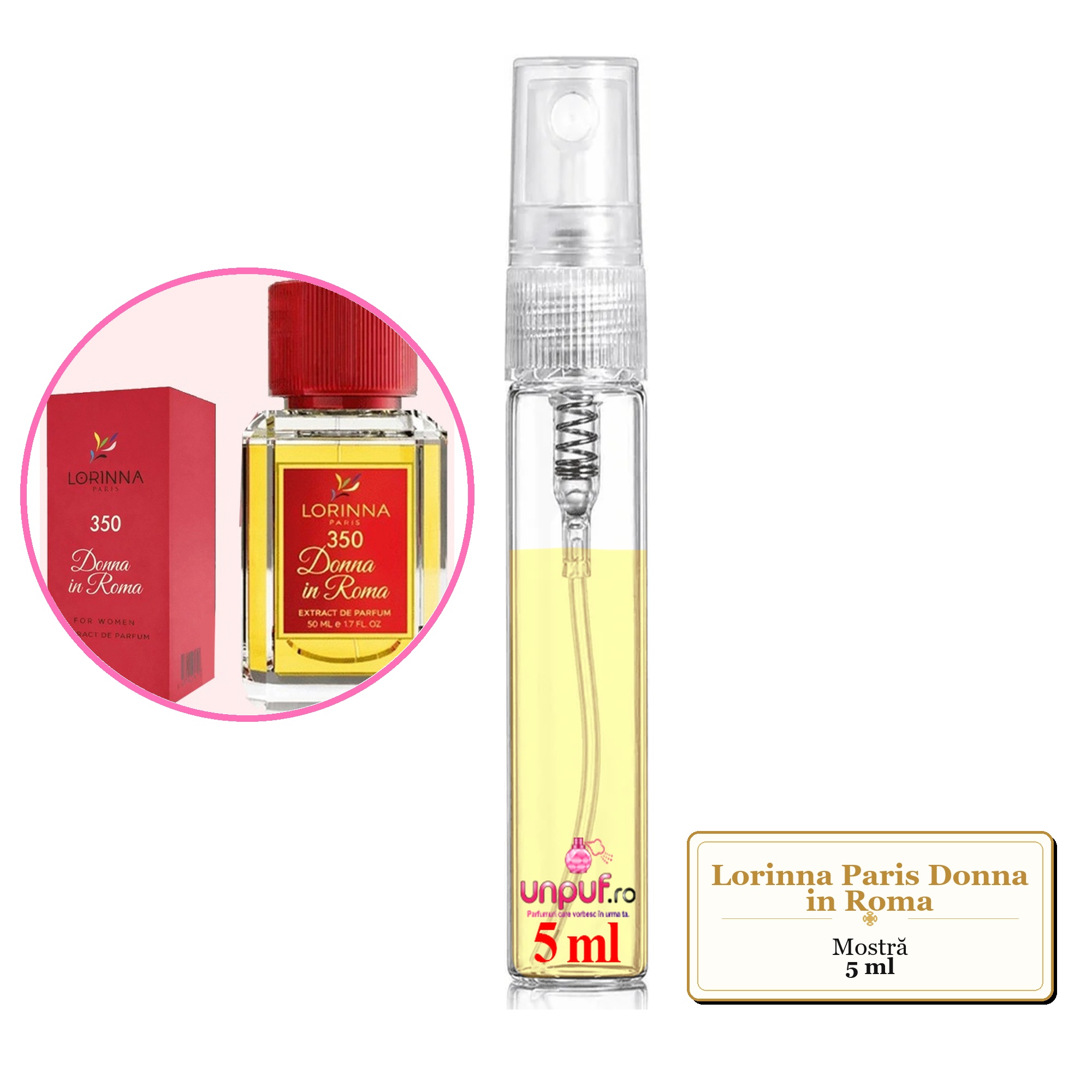 Mostra fiola din Parfumul Lorinna Paris Donna in Roma, decant sticla cu pulverizator