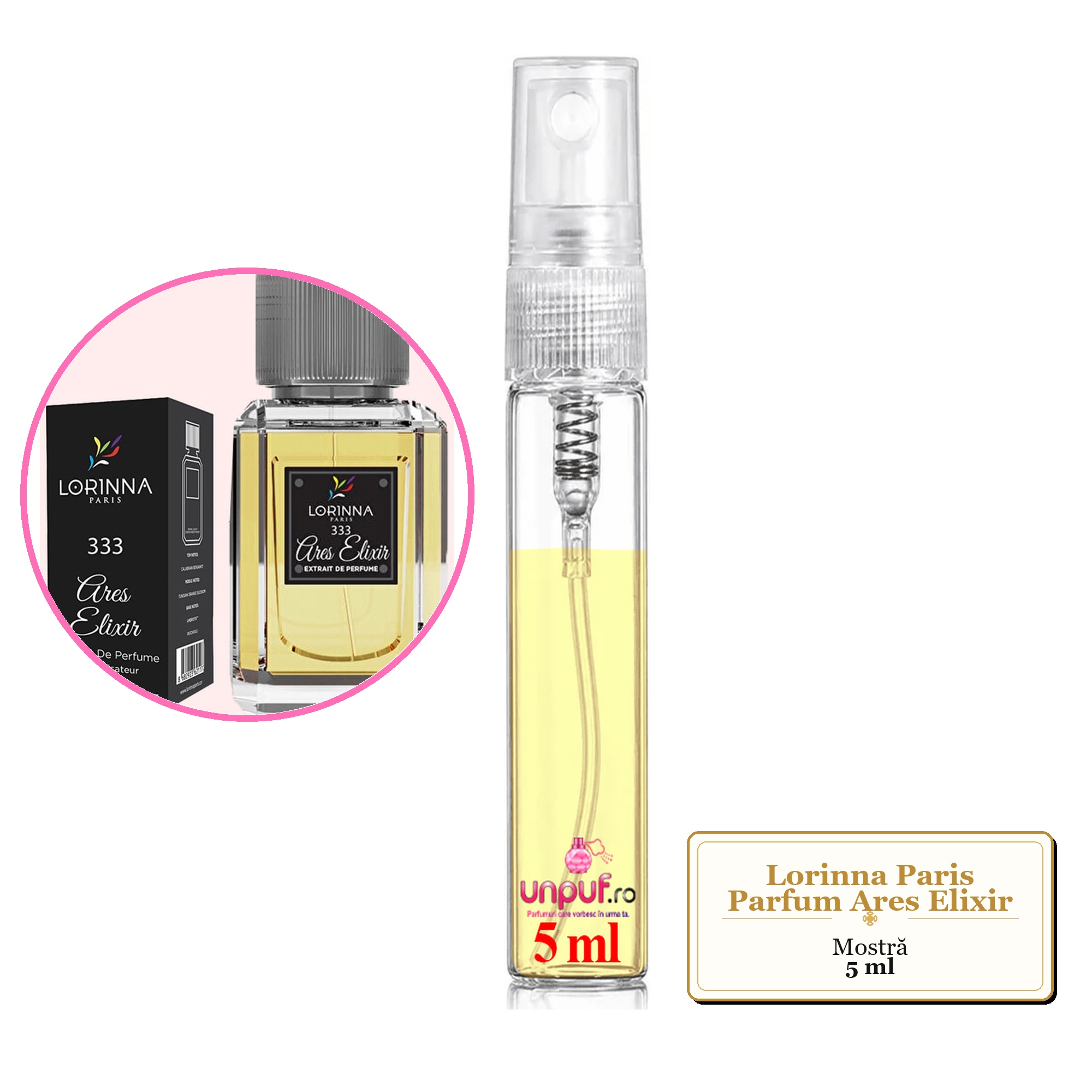 Mostra fiola din Parfumul Lorinna Paris Ares Elixir, decant sticla cu pulverizator