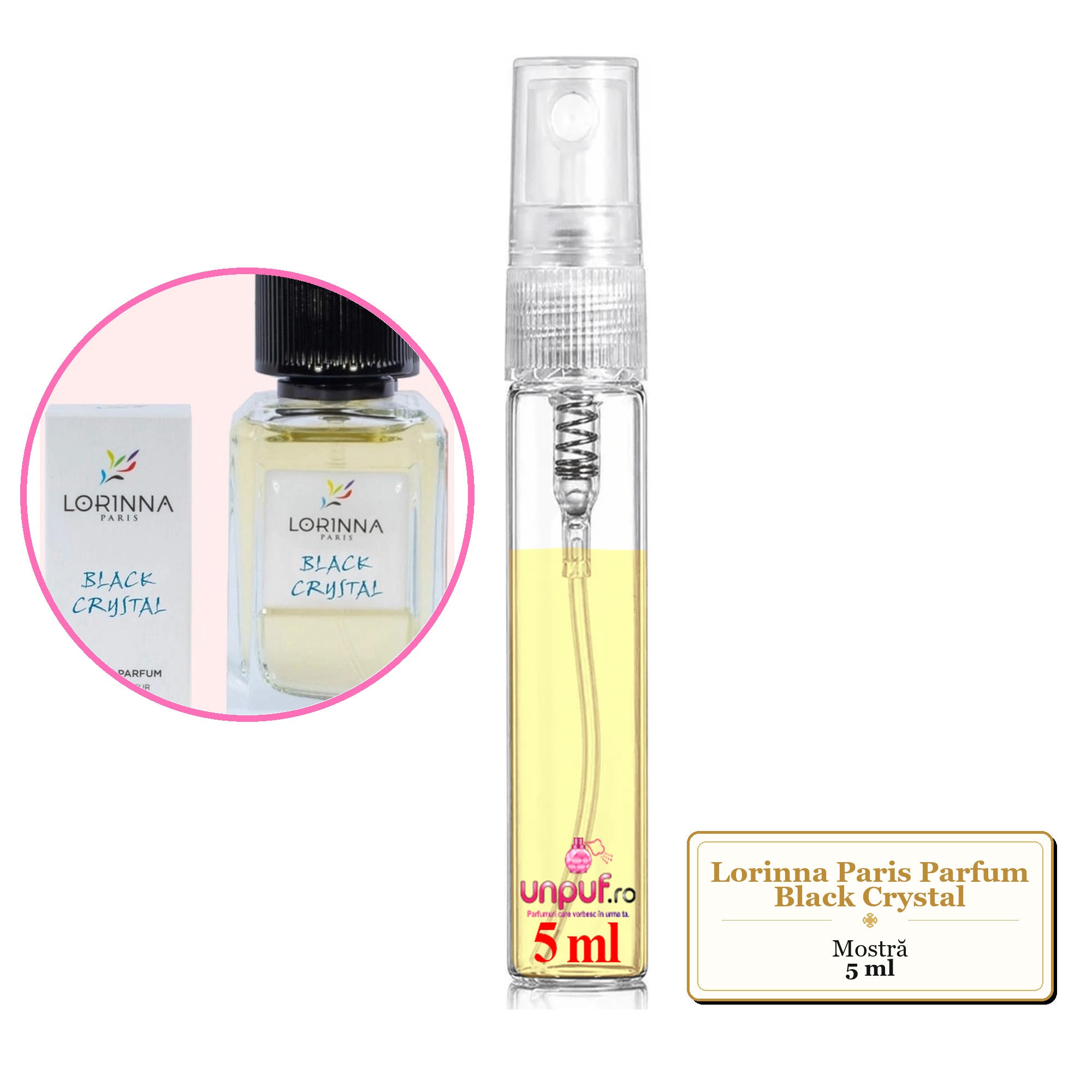 Mostra fiola din Parfumul Lorinna Paris Black Crystal, decant sticla cu pulverizator