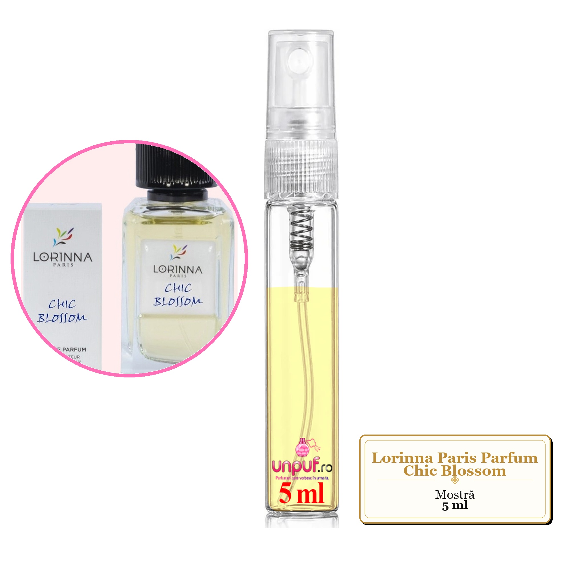 Mostra fiola din Parfumul Lorinna Paris Chic Blossom, decant sticla cu pulverizator