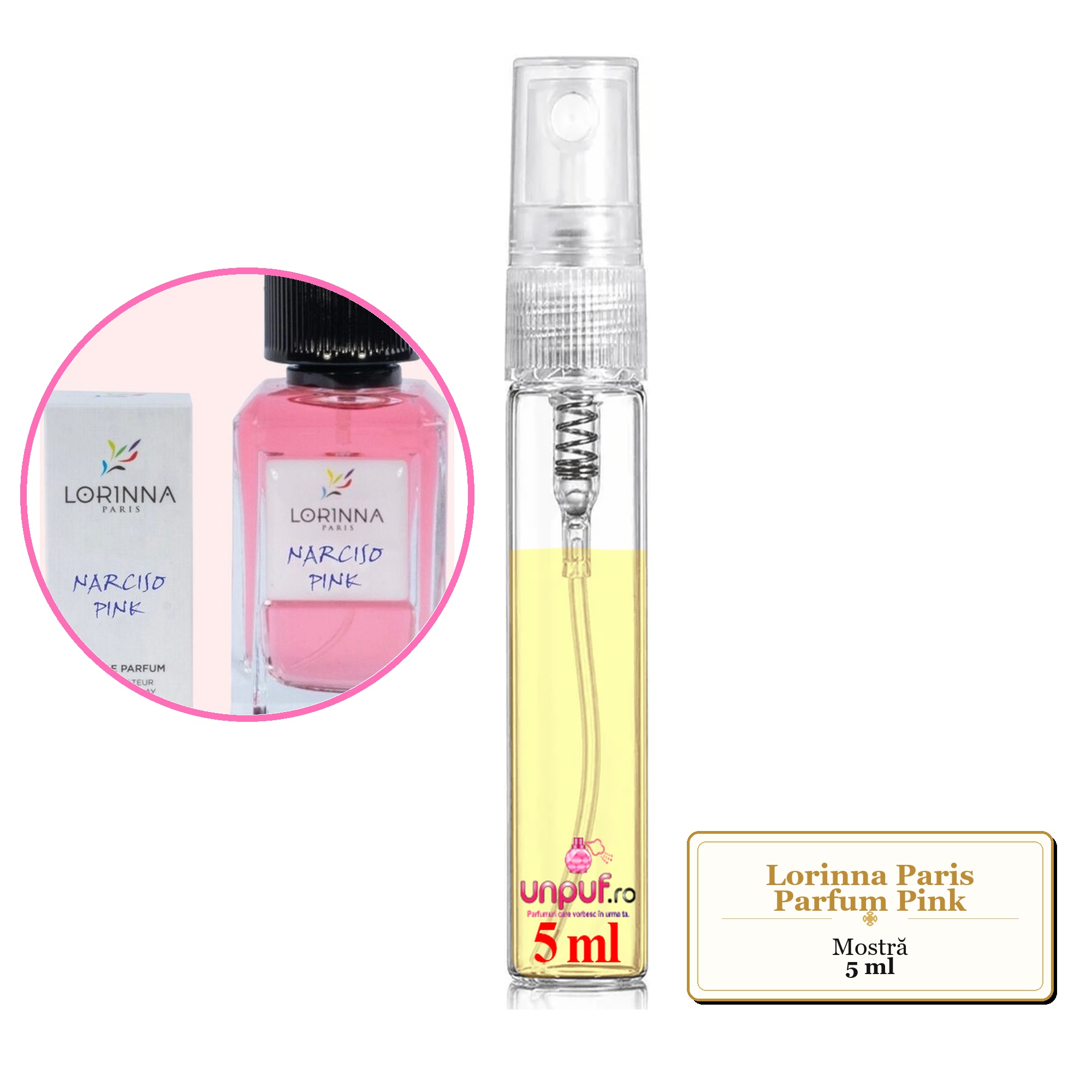 Mostra fiola din Parfumul Lorinna Paris Pink, decant sticla cu pulverizator