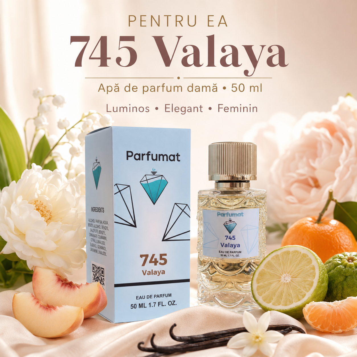 Note de vârf cu piersică albă, bergamotă și mandarină
