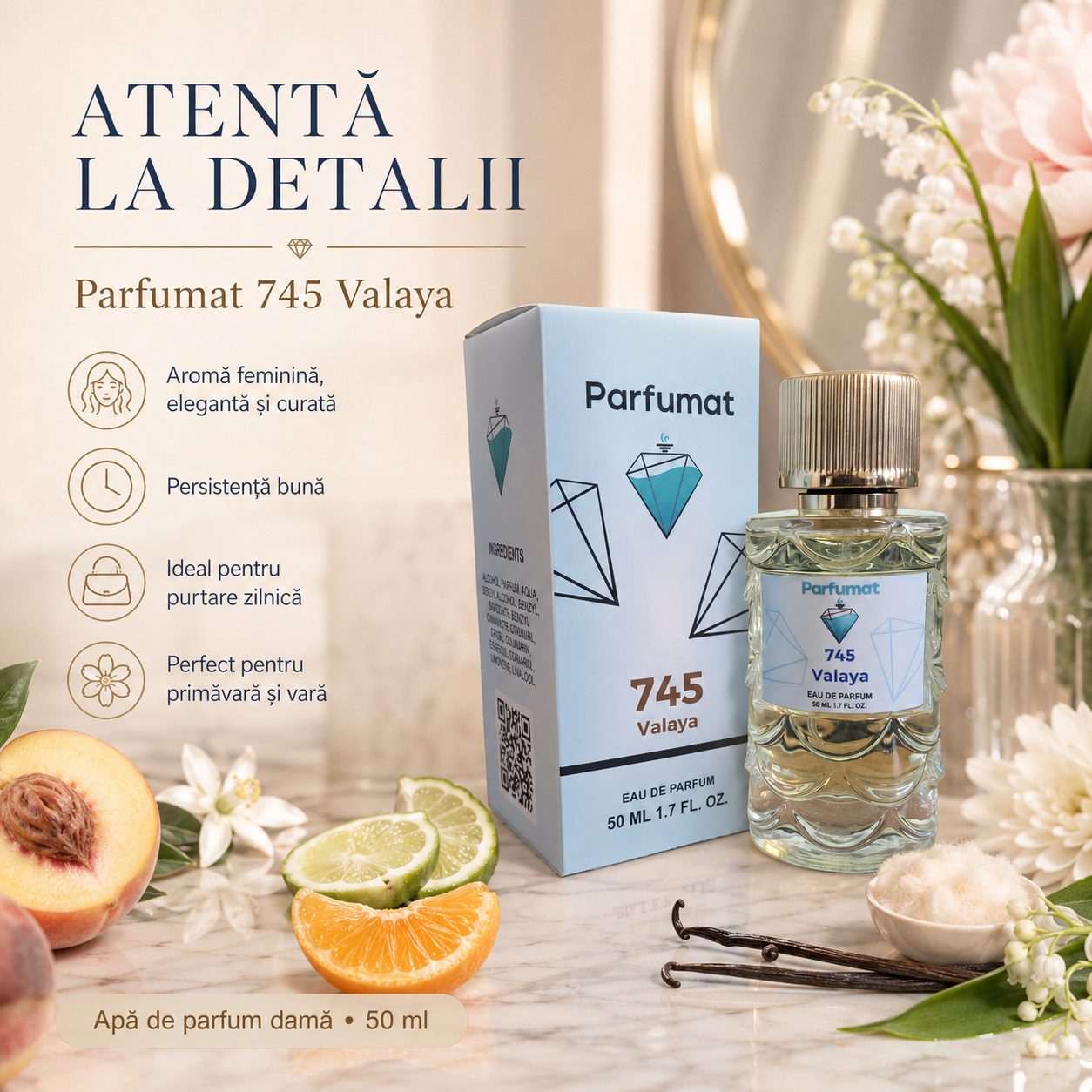 Note florale de floare de portocal, lăcrămioară și petalia