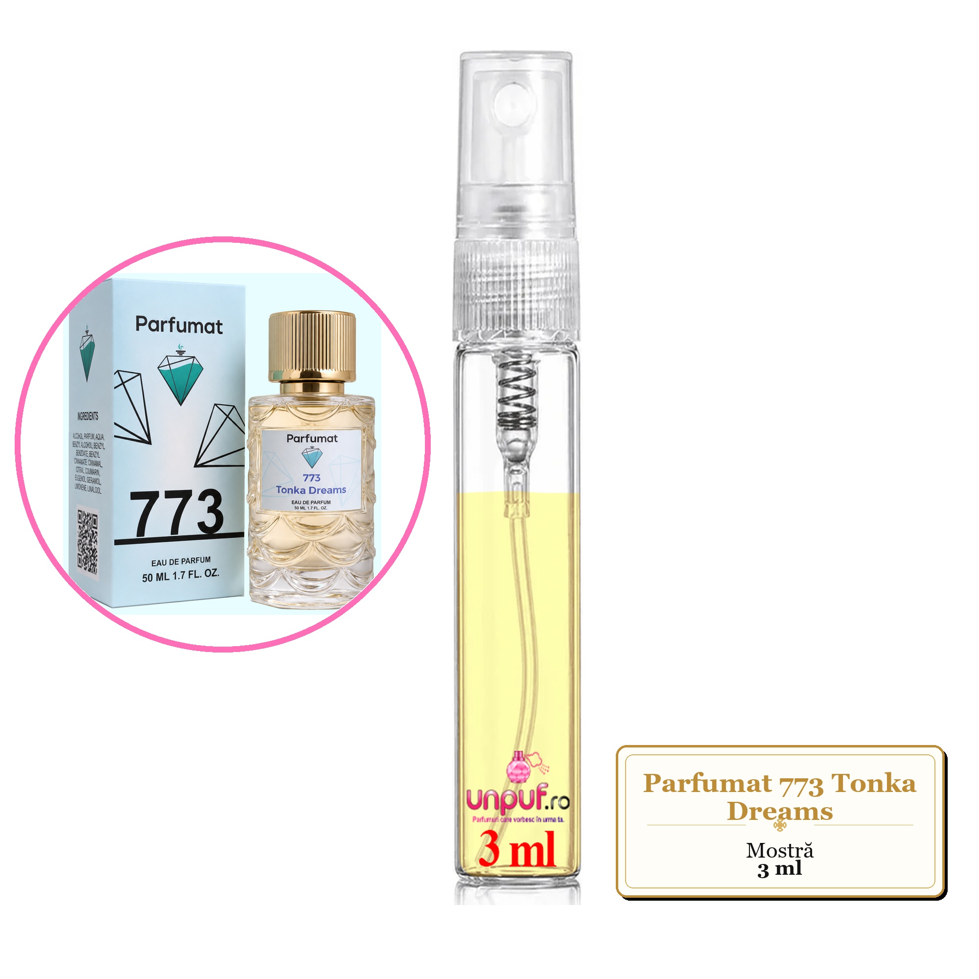 Mostra fiola din Parfumul Parfumat 773 Tonka Dreams, decant sticla cu pulverizator