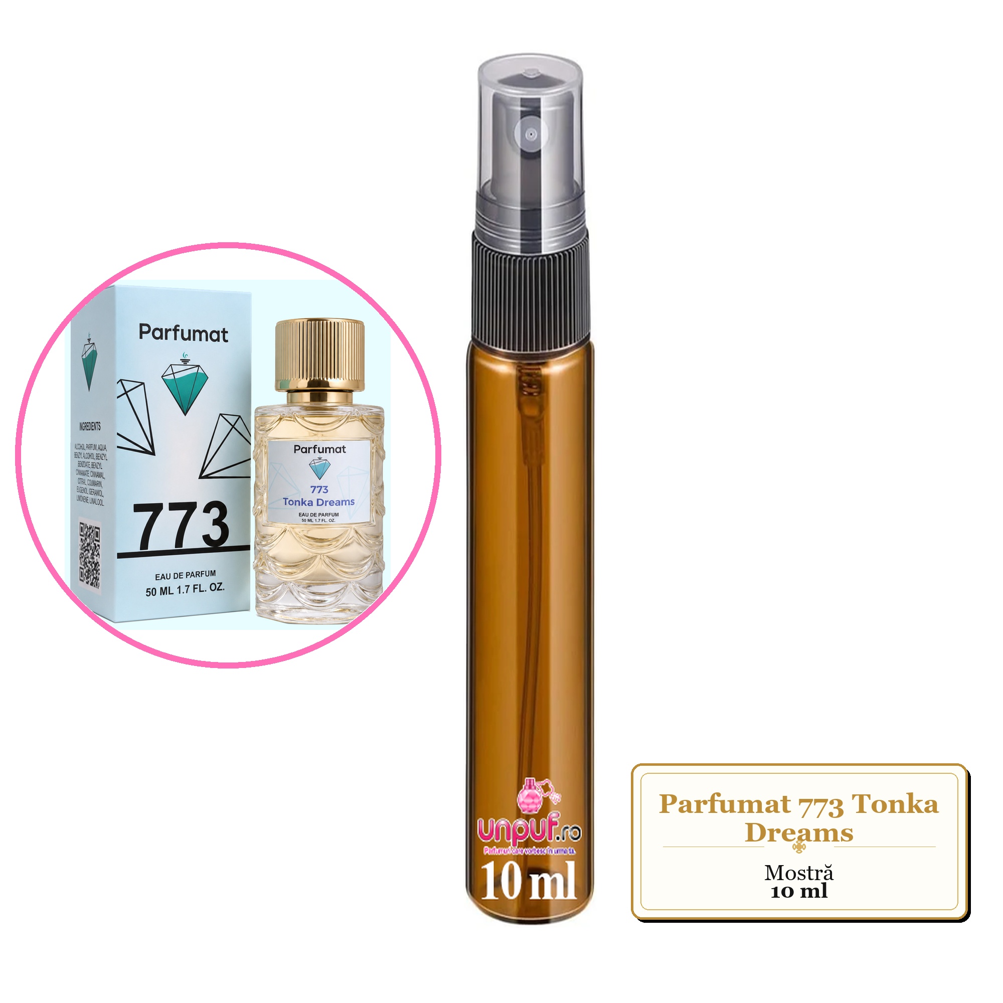 Mostra fiola din Parfumul Parfumat 773 Tonka Dreams, decant sticla cu pulverizator