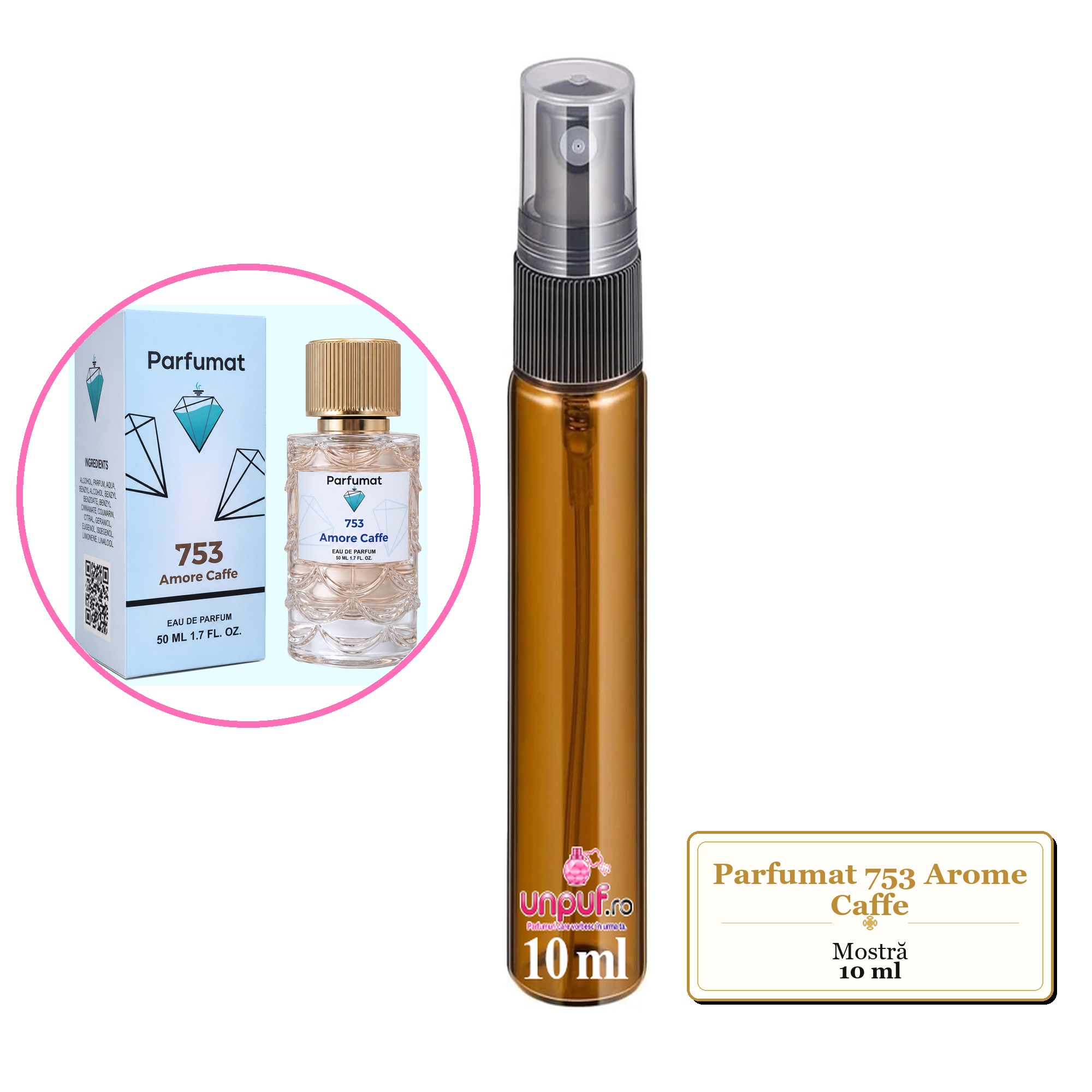 Mostra fiola din Parfumul Parfumat 753 Arome Caffe, decant sticla cu pulverizator
