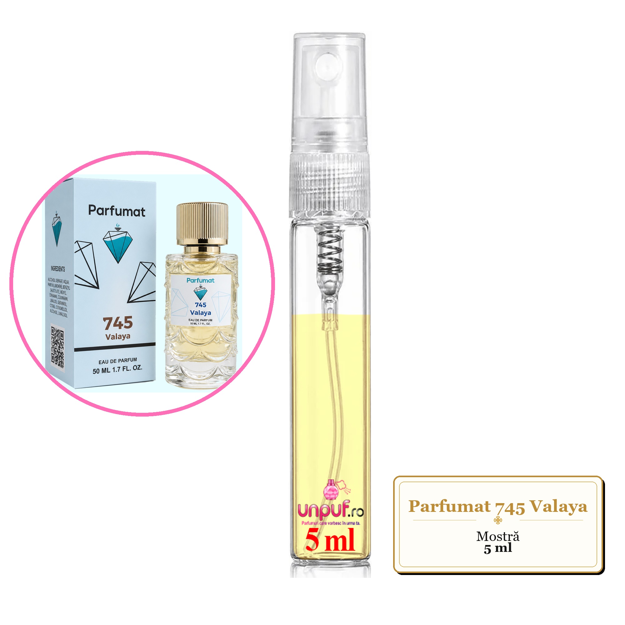 Mostra fiola din Parfumul Parfumat 745 Valaya, decant sticla cu pulverizator