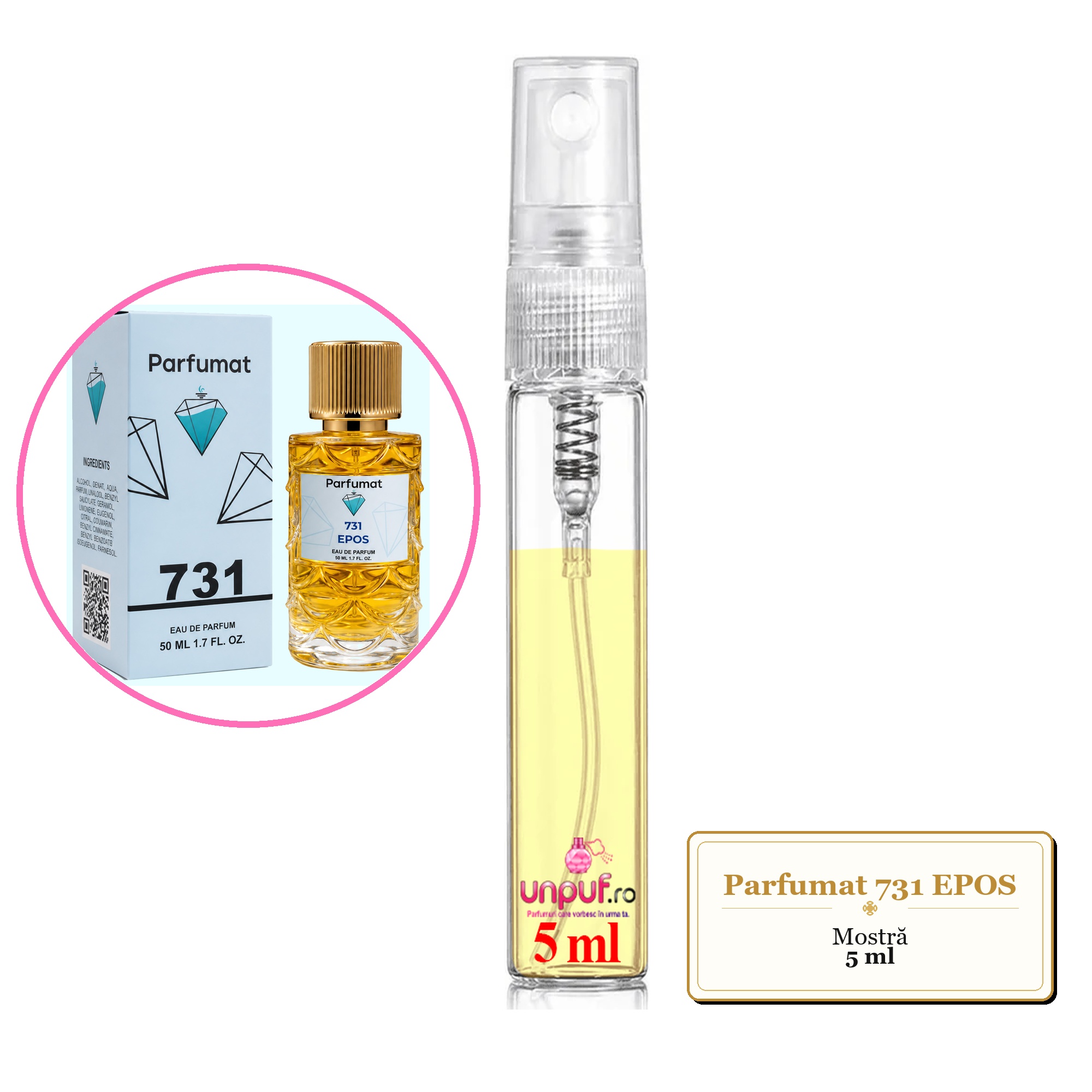 Mostra fiola din Parfumul Parfumat 731 EPOS, decant sticla cu pulverizator