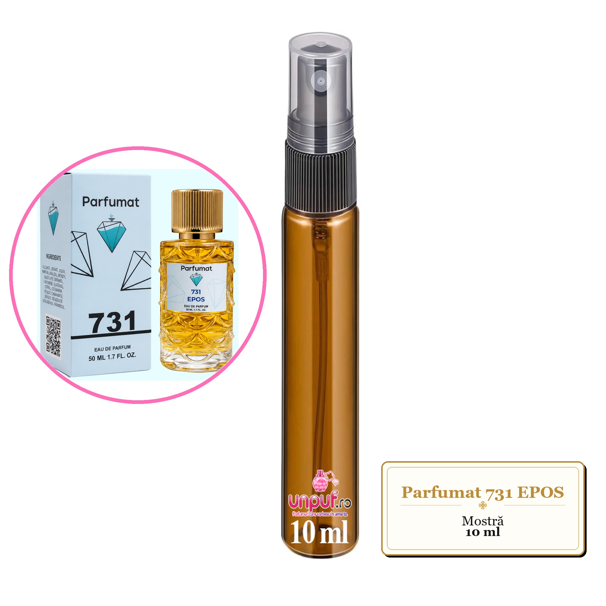 Mostra fiola din Parfumul Parfumat 731 EPOS, decant sticla cu pulverizator