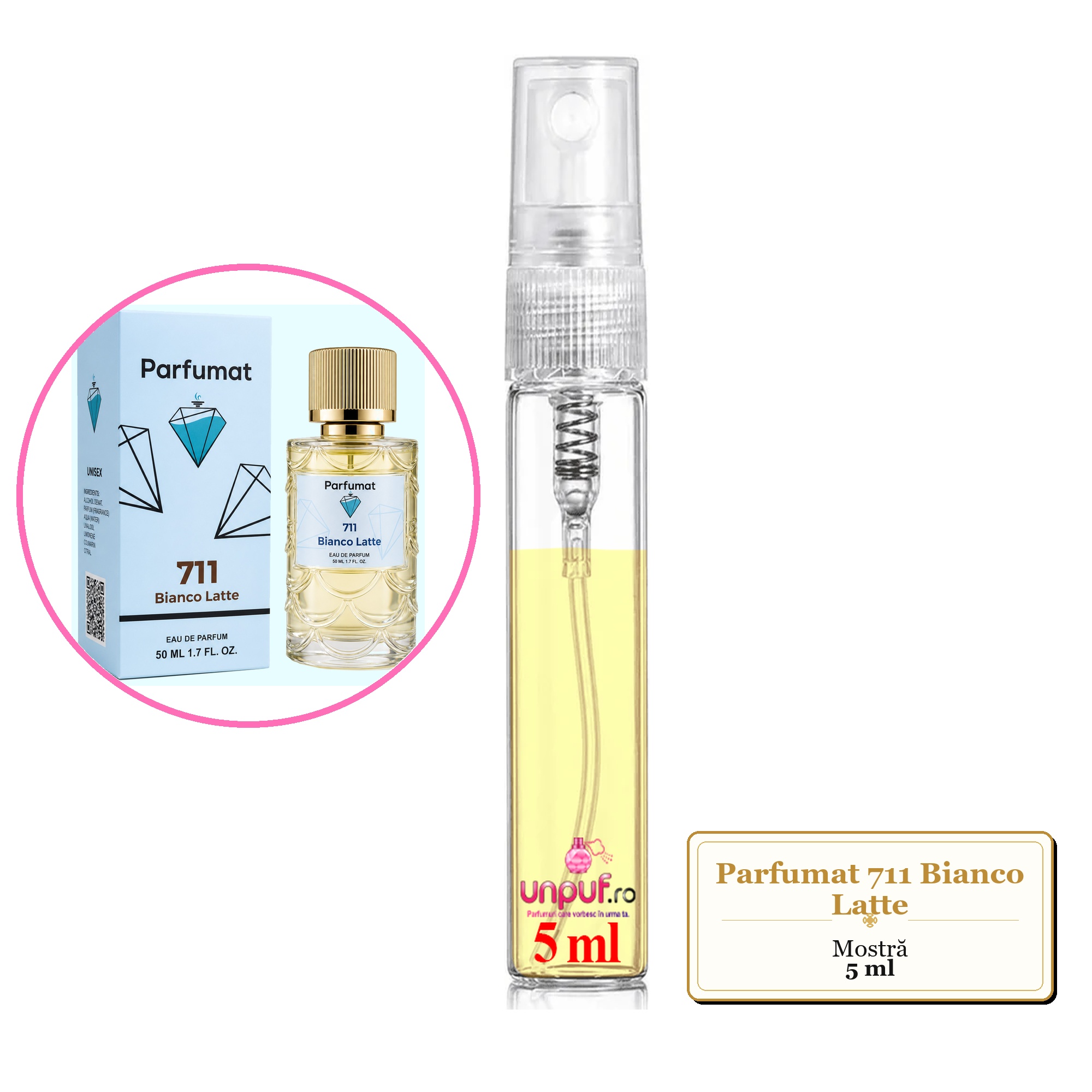 Mostra fiola din Parfumul Parfumat 711 Bianco Latte, decant sticla cu pulverizator