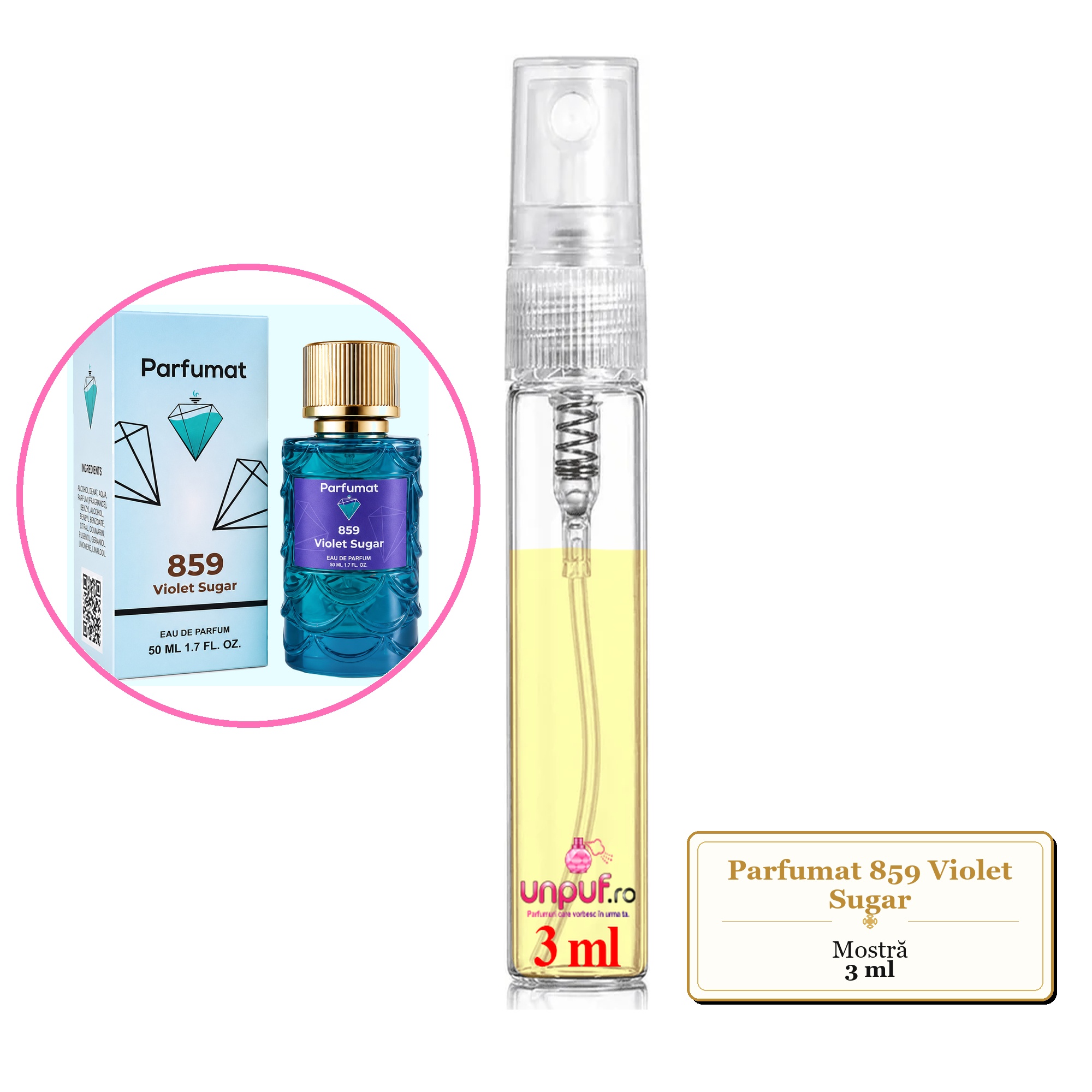 Mostra fiola din Parfumul Parfumat 859 Violet Sugar, decant sticla cu pulverizator