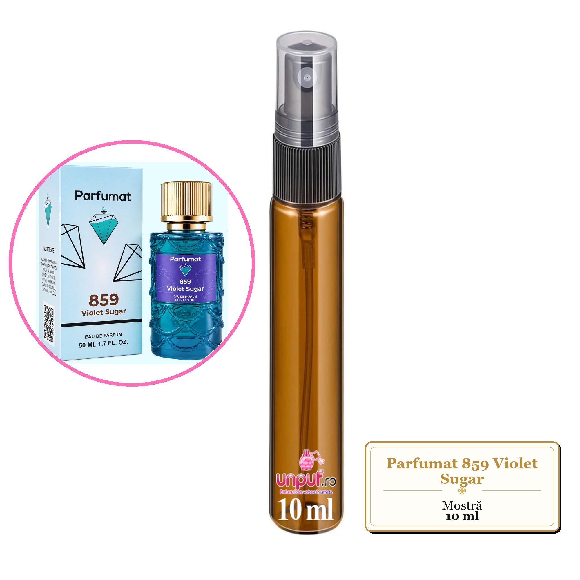Mostra fiola din Parfumul Parfumat 859 Violet Sugar, decant sticla cu pulverizator