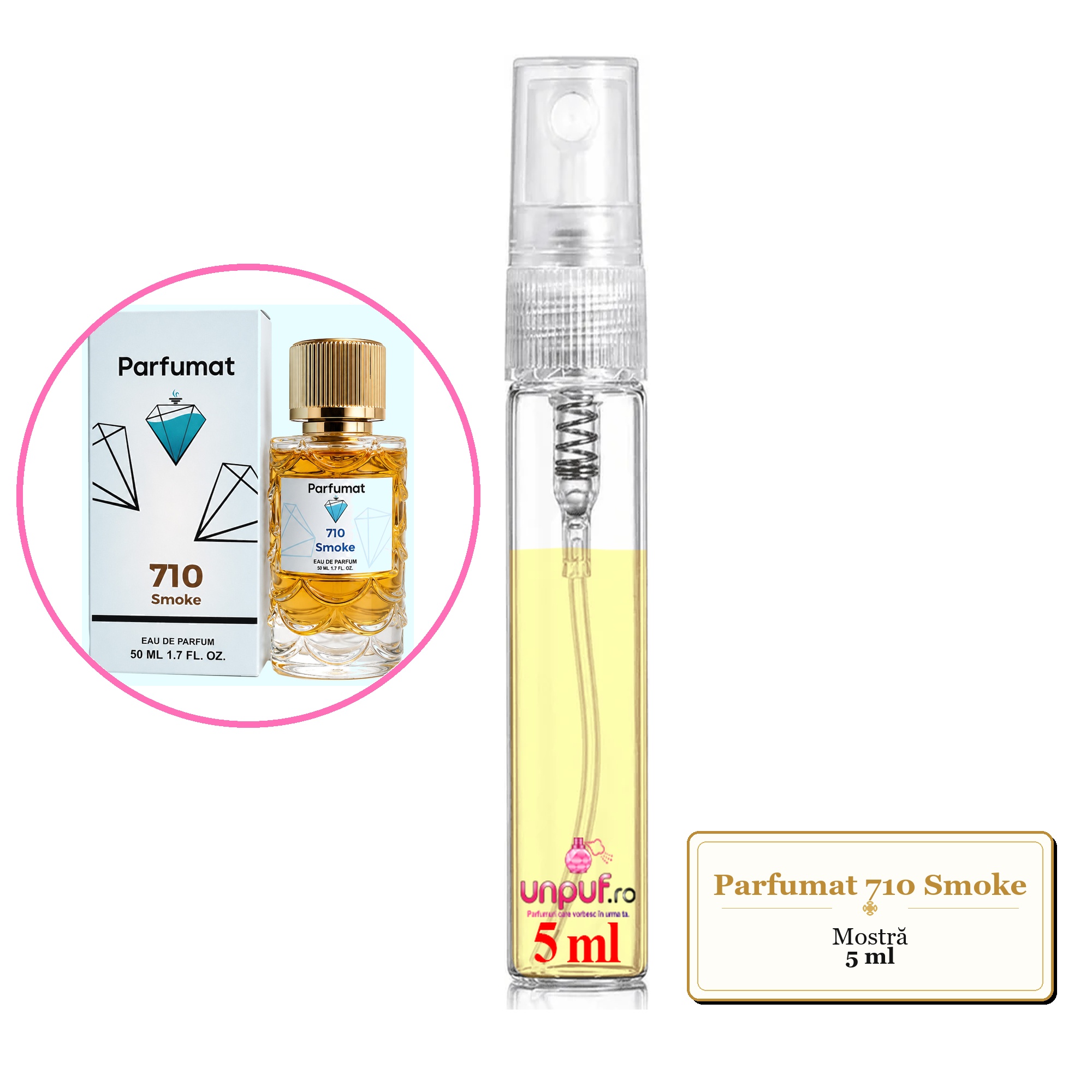 Mostra fiola din Parfumul Parfumat 710 Smoke, decant sticla cu pulverizator