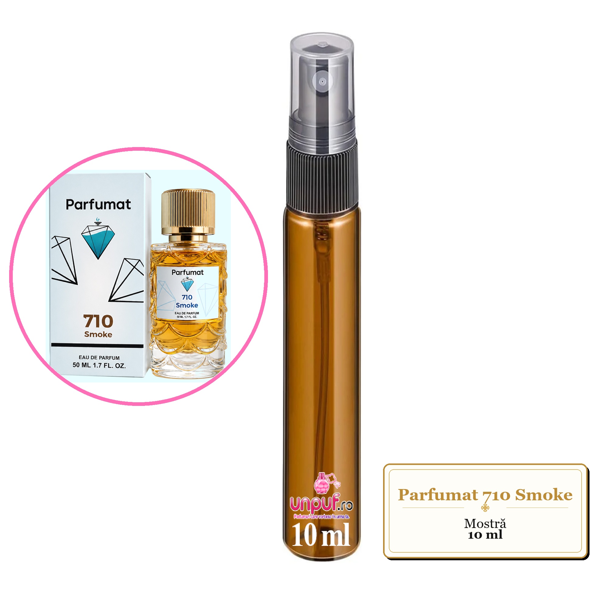 Mostra fiola din Parfumul Parfumat 710 Smoke, decant sticla cu pulverizator