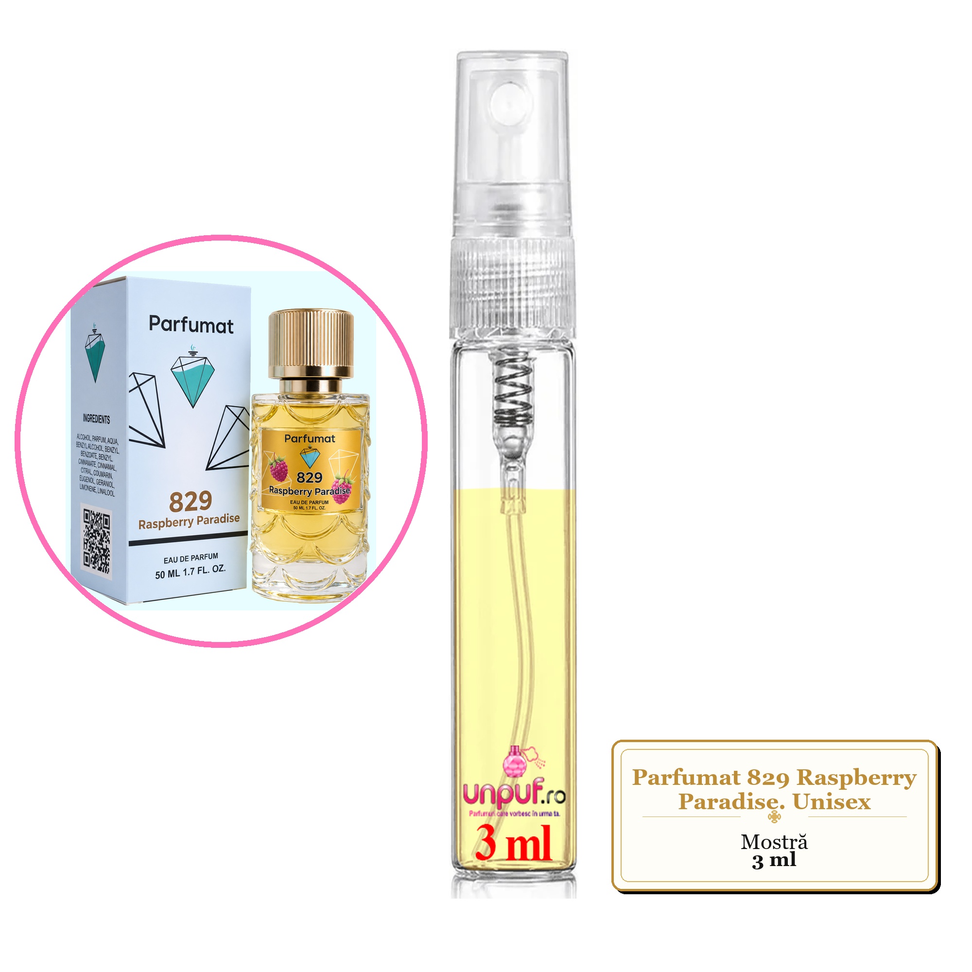 Mostra fiola din Parfumul Parfumat 829 Raspberry Paradise. Unisex, decant sticla cu pulverizator