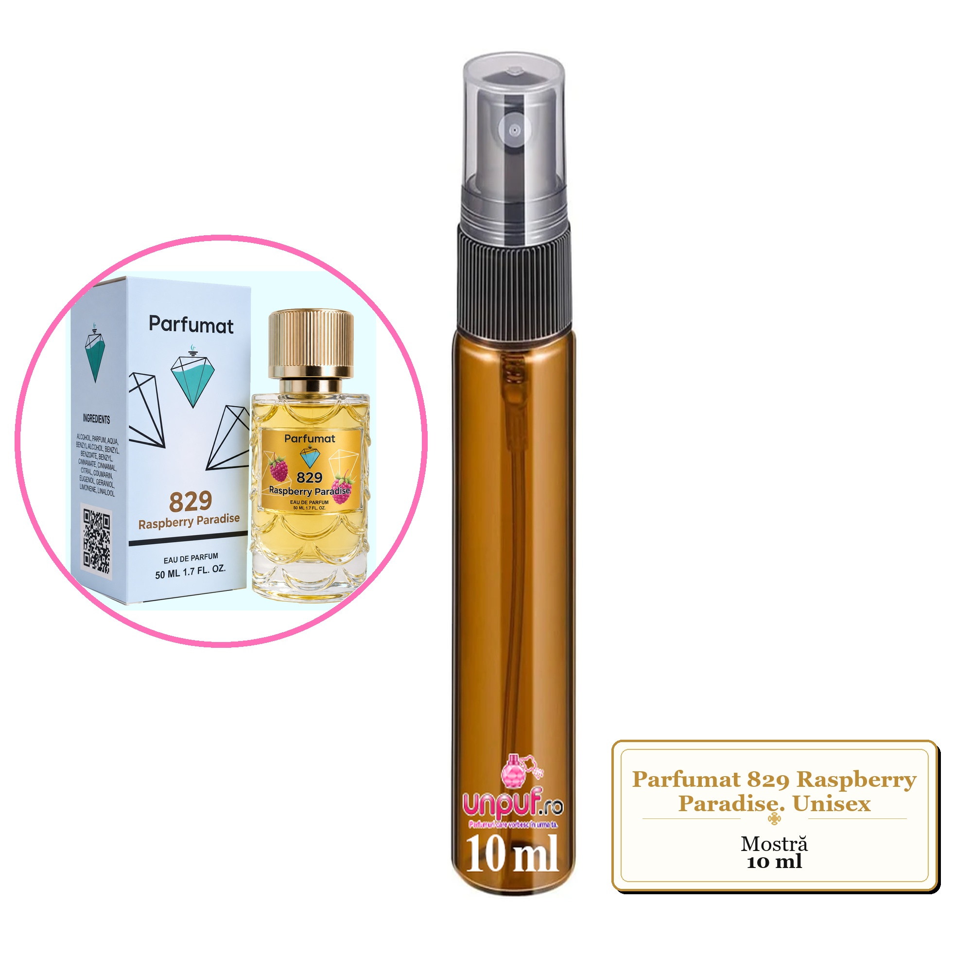 Mostra fiola din Parfumul Parfumat 829 Raspberry Paradise. Unisex, decant sticla cu pulverizator