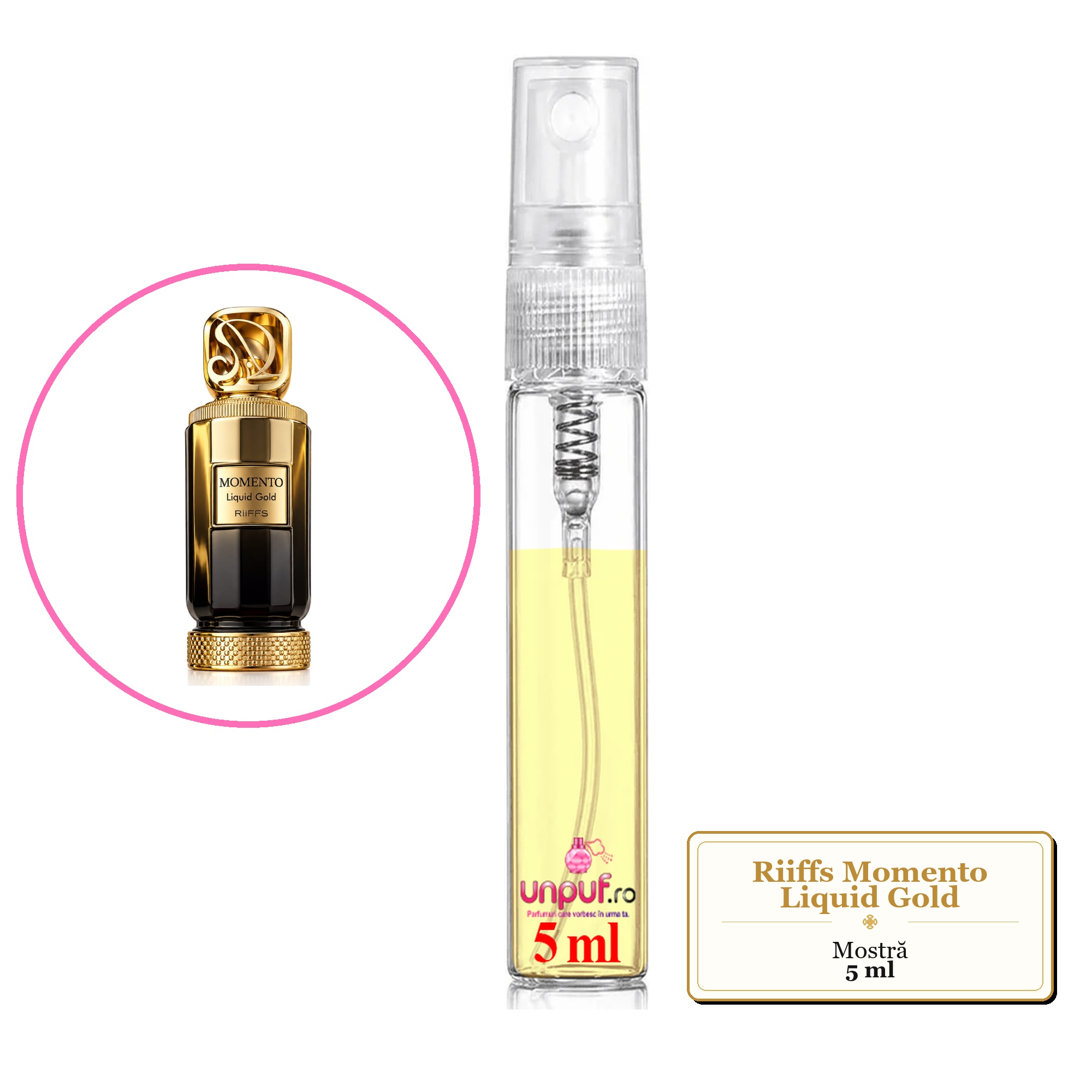 Mostra fiola din Parfumul Riiffs Momento Liquid Gold, decant sticla cu pulverizator