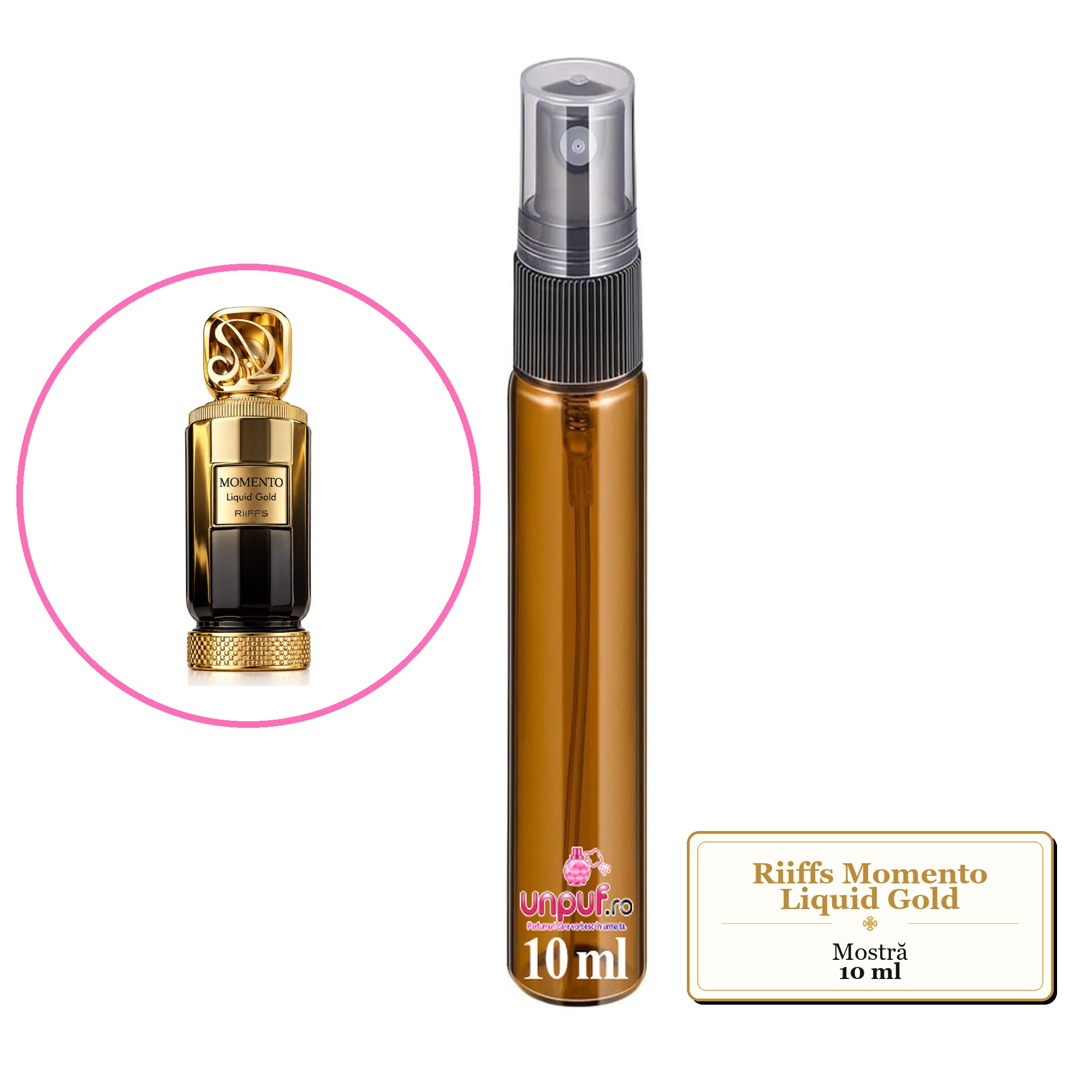 Mostra fiola din Parfumul Riiffs Momento Liquid Gold, decant sticla cu pulverizator
