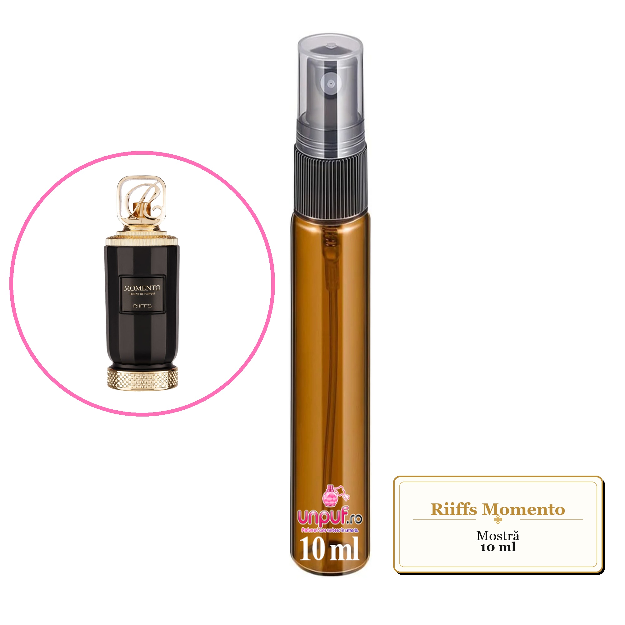 Mostra fiola din Parfumul Riiffs Momento, decant sticla cu pulverizator