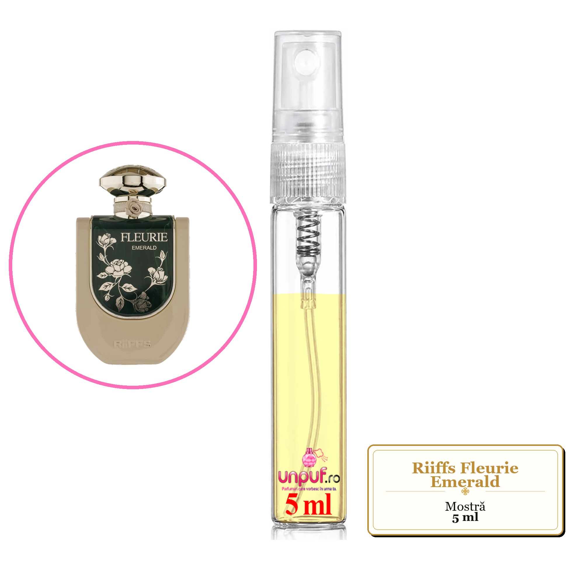 Mostra fiola din Parfumul Riiffs Fleurie Emerald, decant sticla cu pulverizator