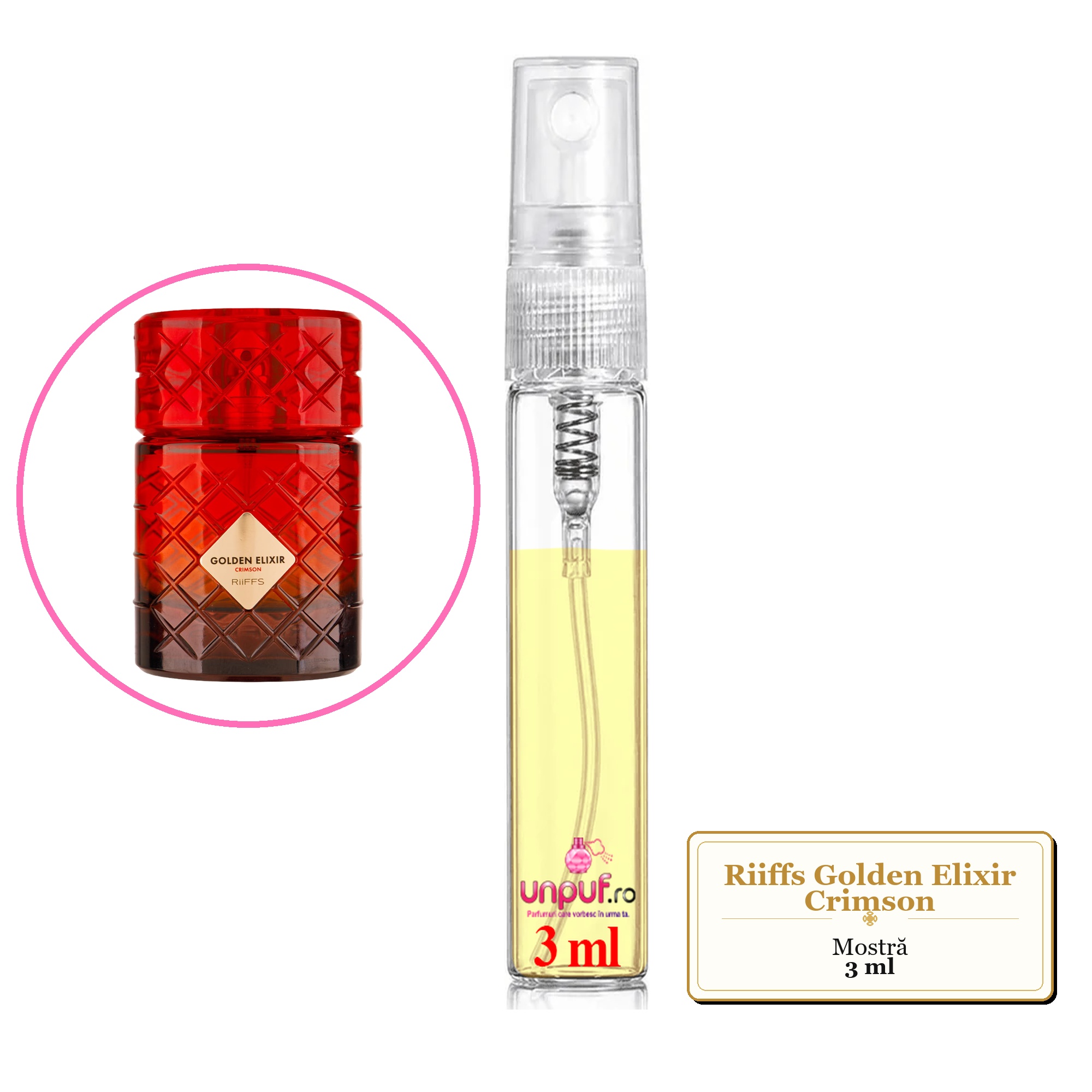 Mostra fiola din Parfumul Riiffs Golden Elixir Crimson, decant sticla cu pulverizator