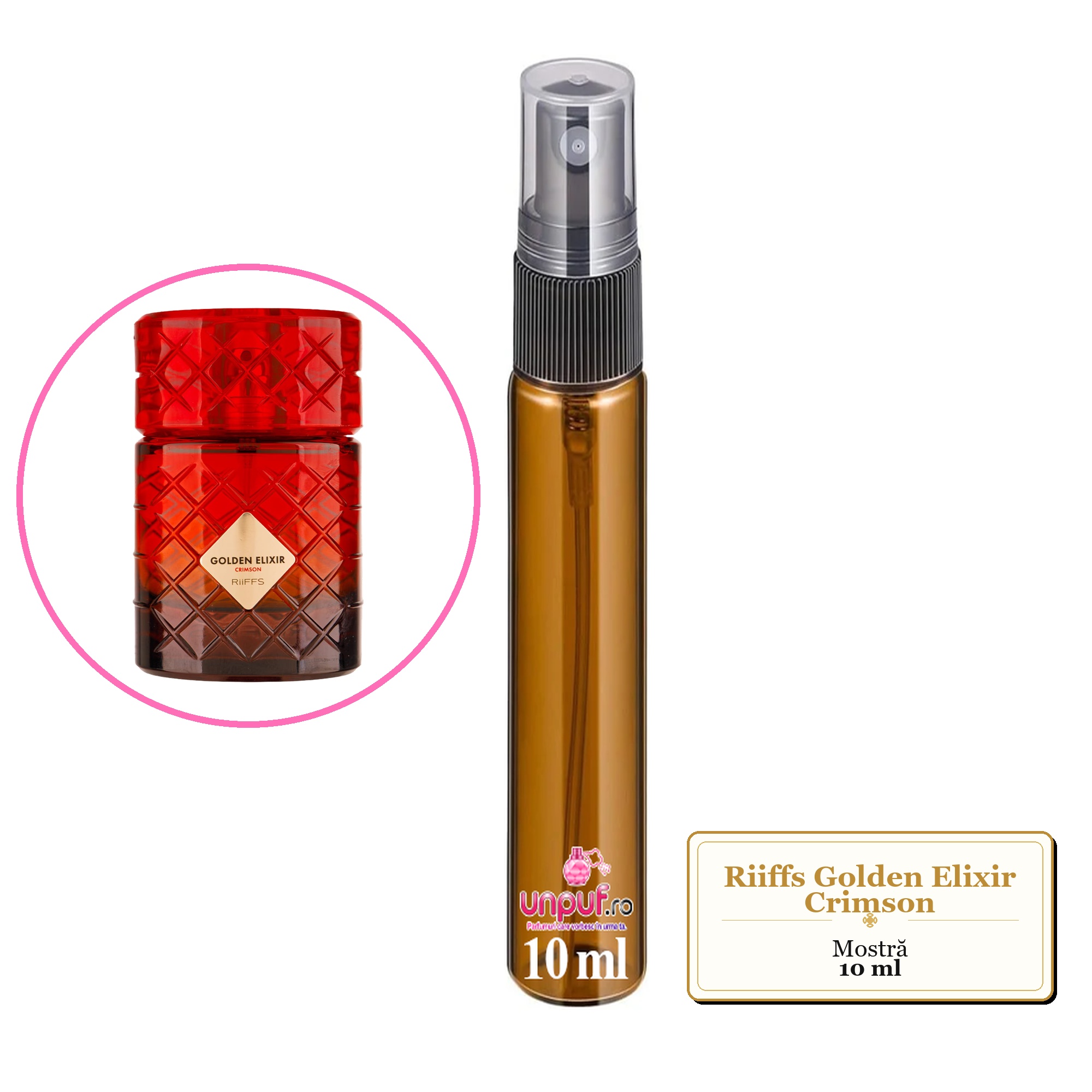 Mostra fiola din Parfumul Riiffs Golden Elixir Crimson, decant sticla cu pulverizator