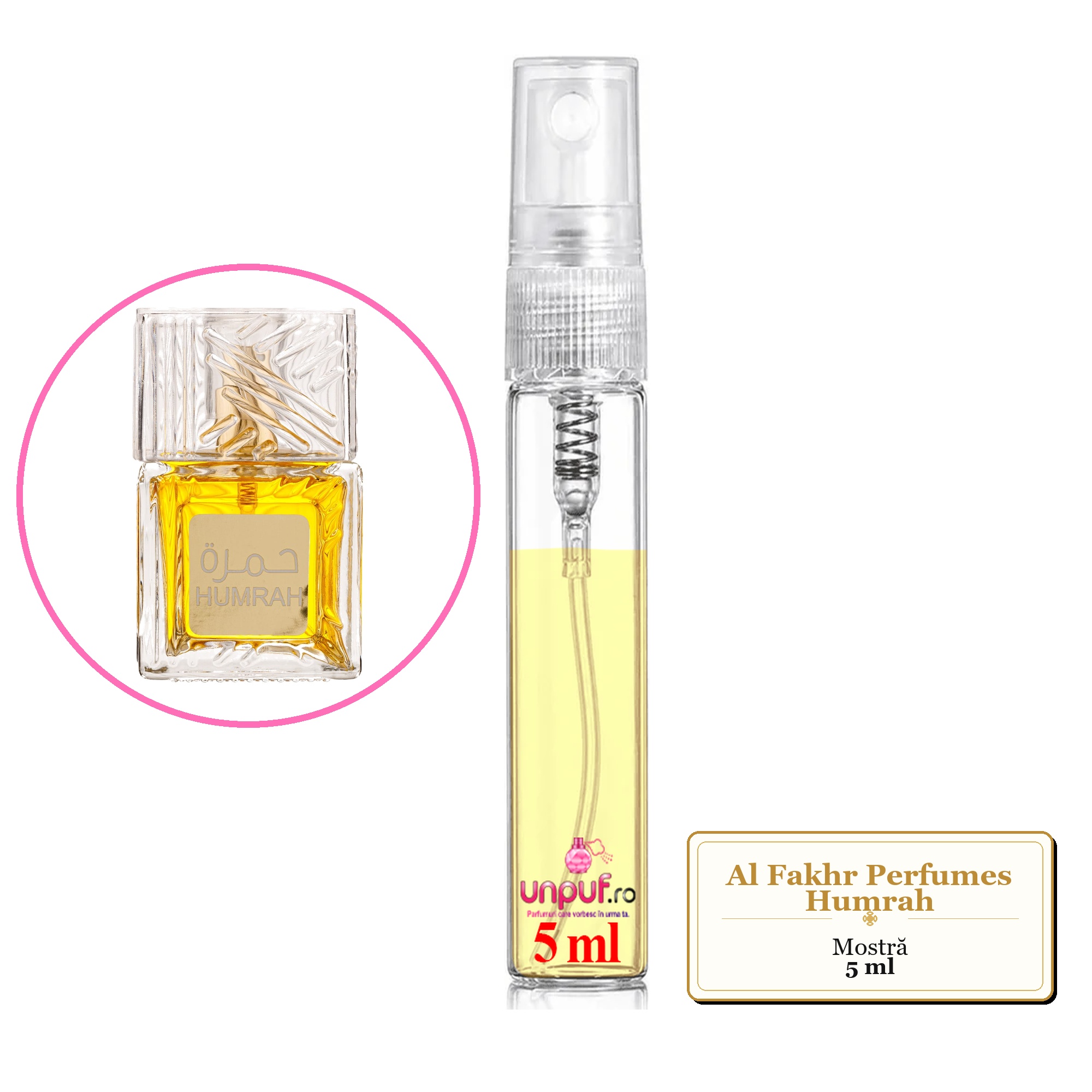 Mostra fiola din Parfumul Al Fakhr Perfumes Humrah, decant sticla cu pulverizator