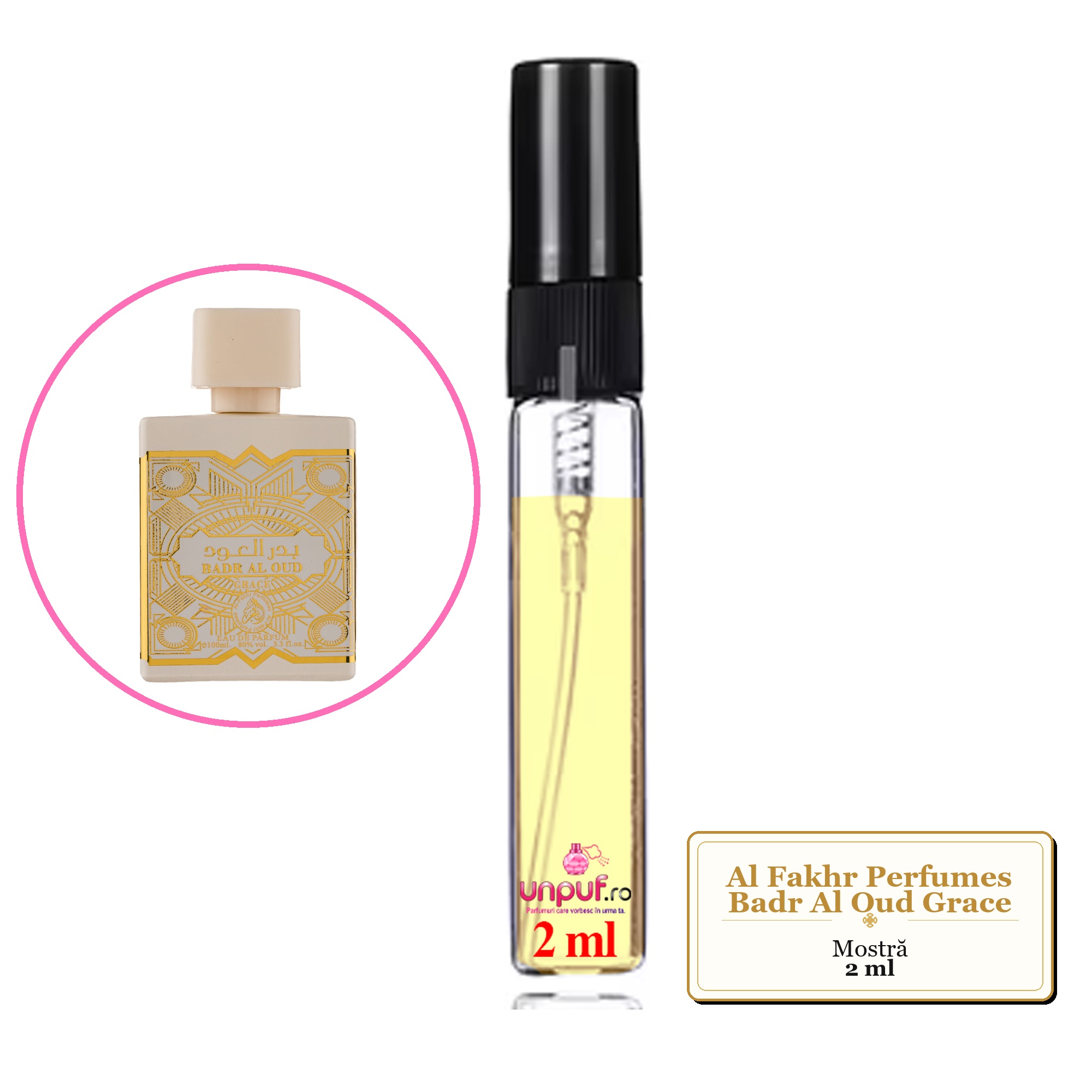 Mostra fiola din Parfumul Al Fakhr Perfumes Badr Al Oud Grace, decant sticla cu pulverizator