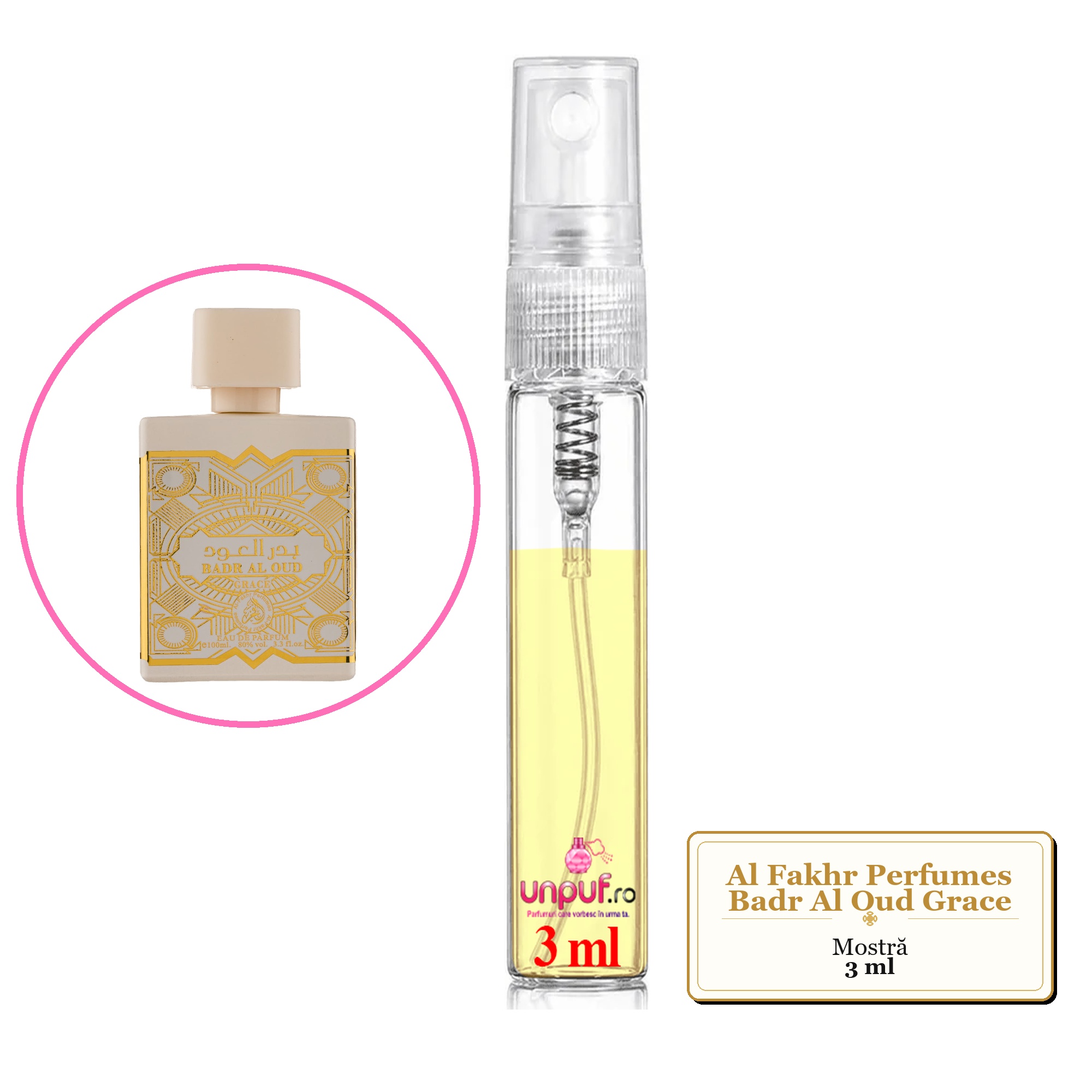 Mostra fiola din Parfumul Al Fakhr Perfumes Badr Al Oud Grace, decant sticla cu pulverizator