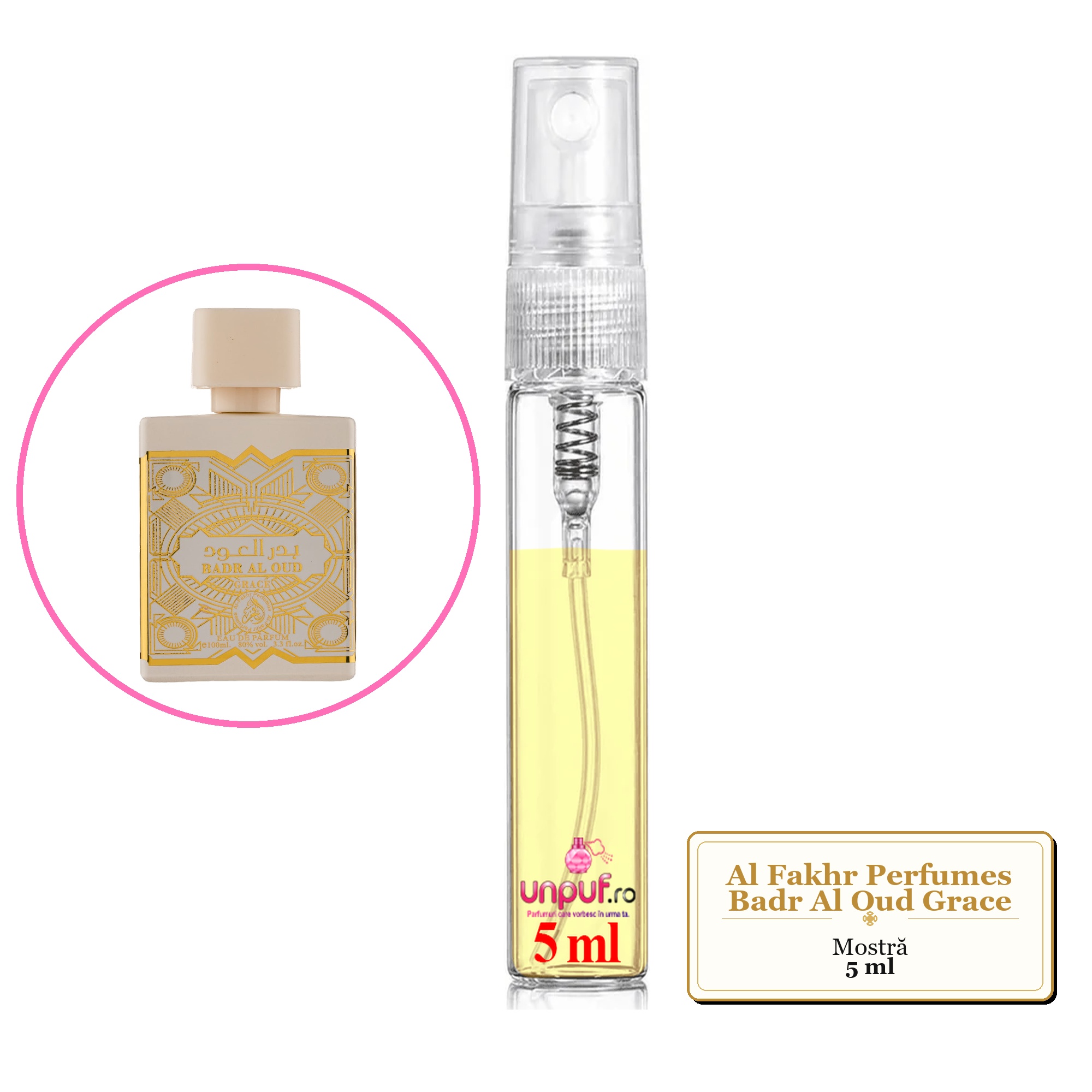 Mostra fiola din Parfumul Al Fakhr Perfumes Badr Al Oud Grace, decant sticla cu pulverizator