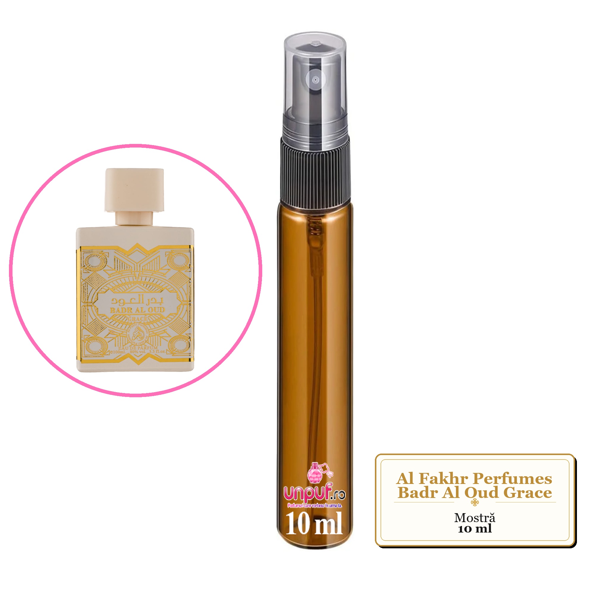 Mostra fiola din Parfumul Al Fakhr Perfumes Badr Al Oud Grace, decant sticla cu pulverizator