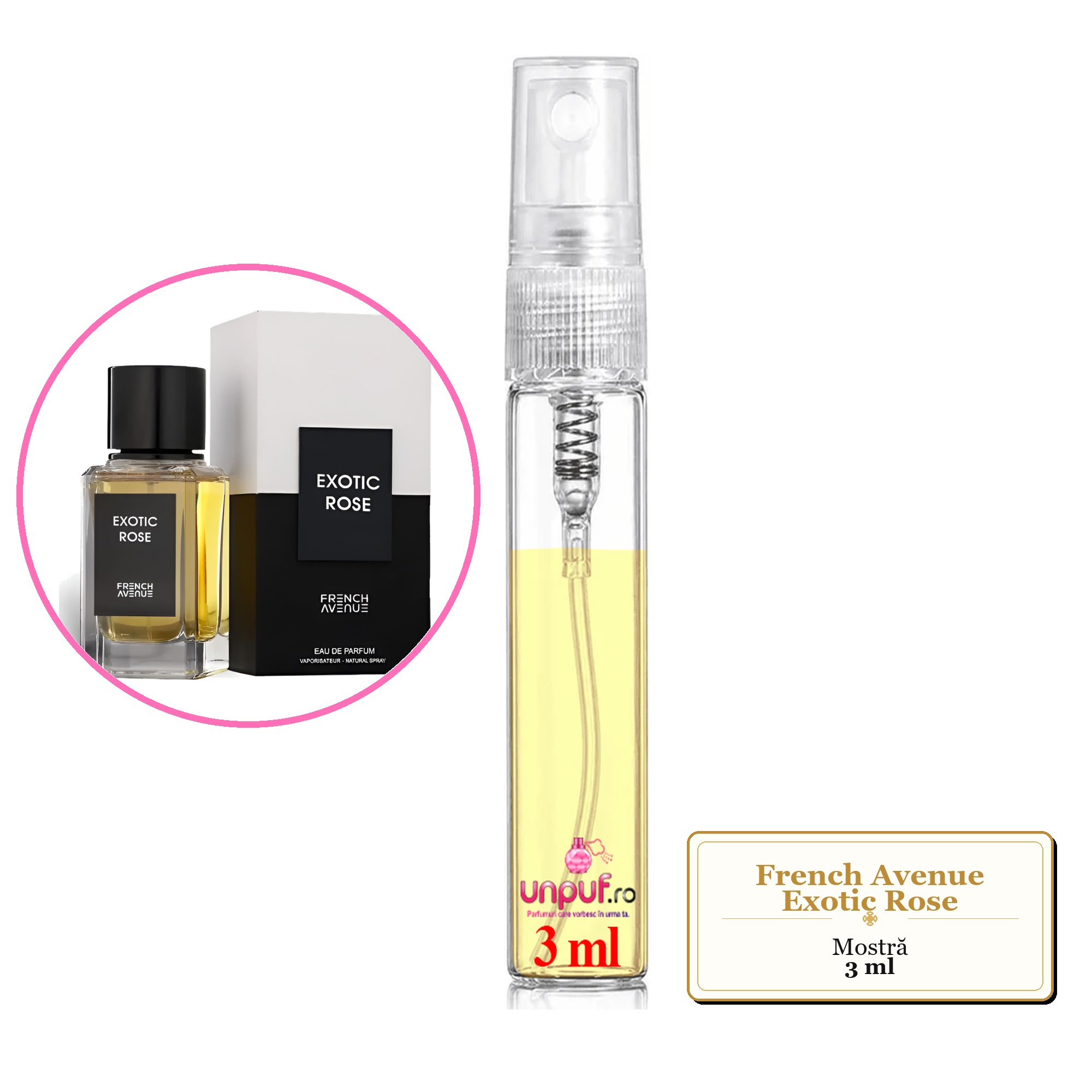 Mostra fiola din Parfumul French Avenue Exotic Rose, decant sticla cu pulverizator