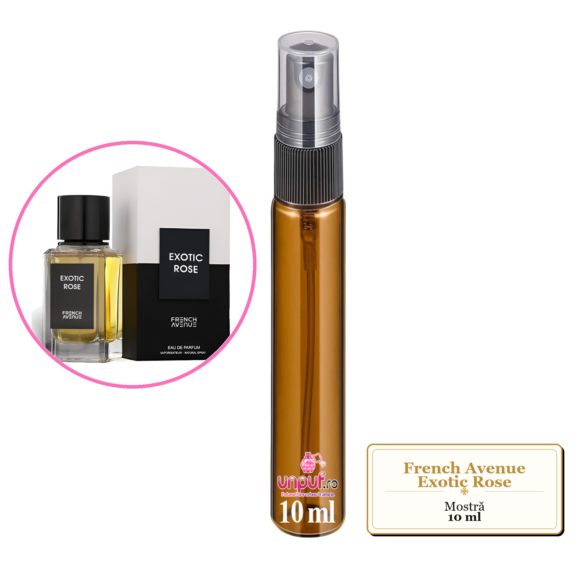 Mostra fiola din Parfumul French Avenue Exotic Rose, decant sticla cu pulverizator