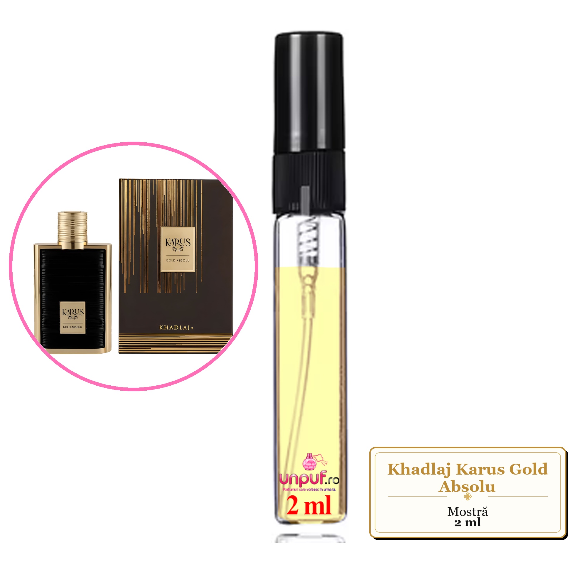 Mostra fiola din Parfumul Khadlaj Karus Gold Absolu, decant sticla cu pulverizator