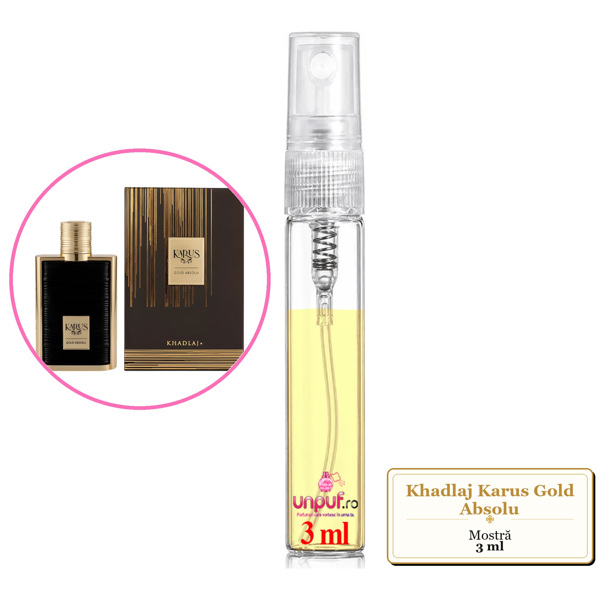 Mostra fiola din Parfumul Khadlaj Karus Gold Absolu, decant sticla cu pulverizator