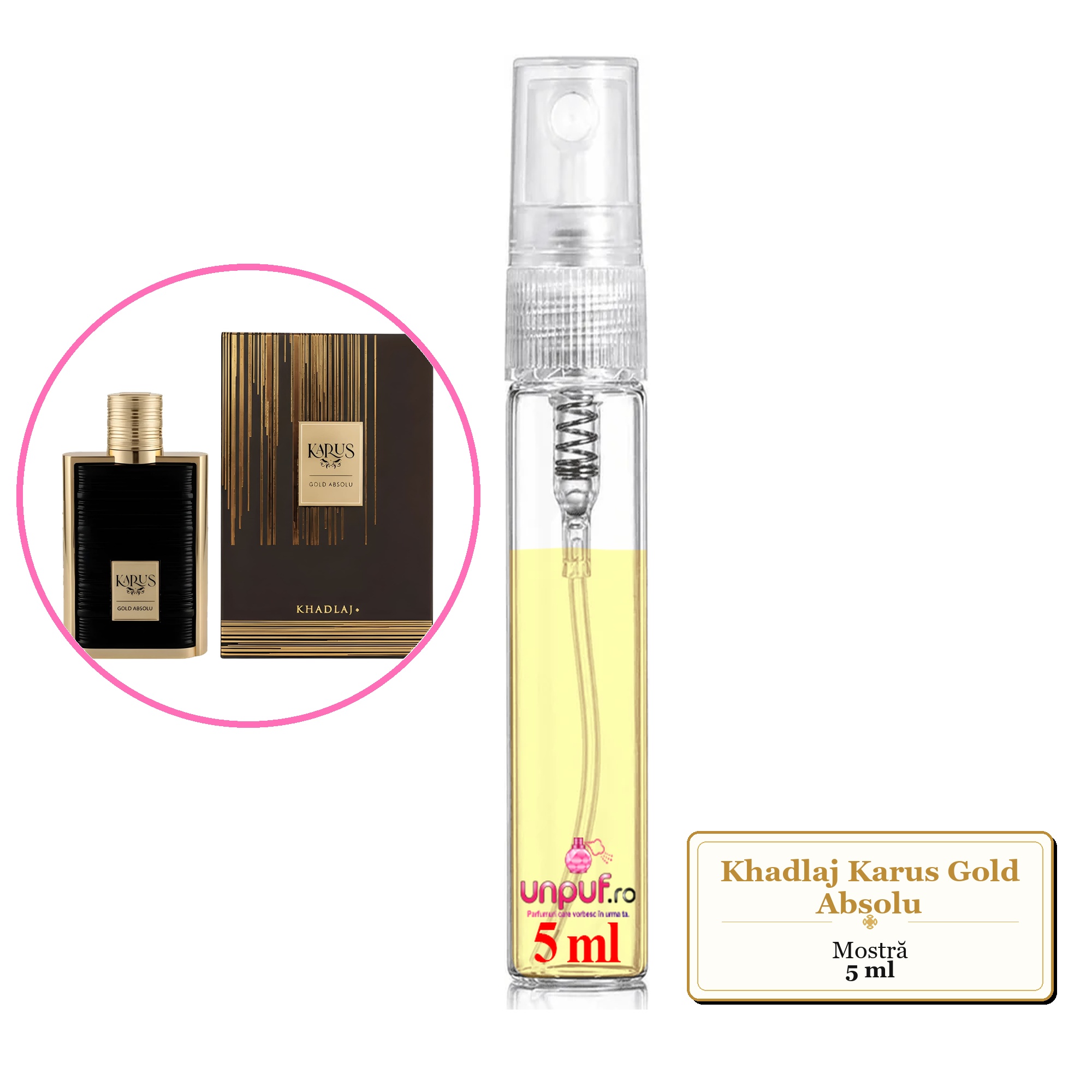 Mostra fiola din Parfumul Khadlaj Karus Gold Absolu, decant sticla cu pulverizator